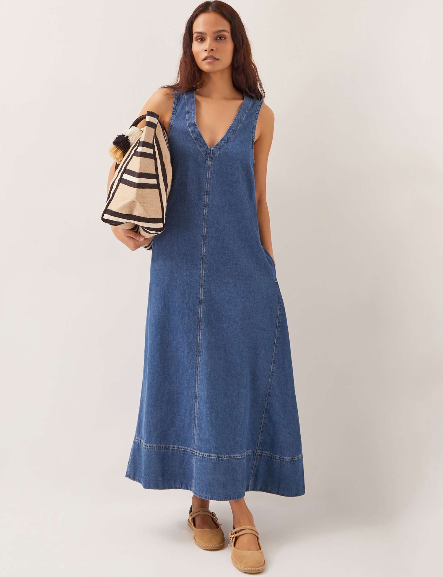 Monsoon Denim V-Neck Midi Skater Dress Mid Blue