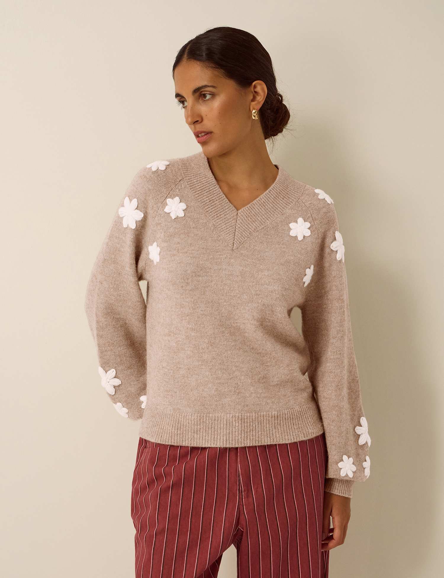 Monsoon Embroidered V Neck Jumper Beige Mix