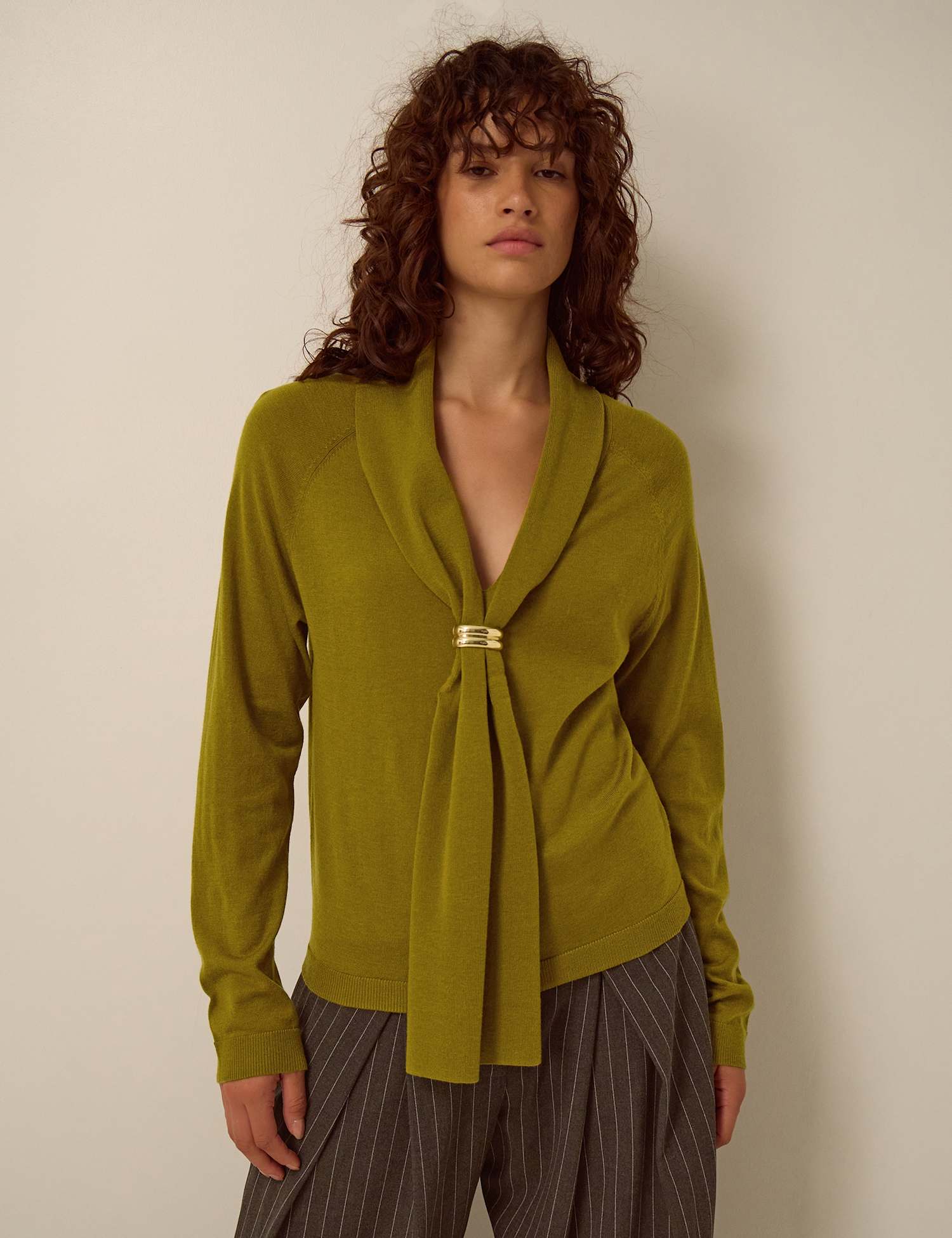 Monsoon Tie Neck Jumper with Wool Olive