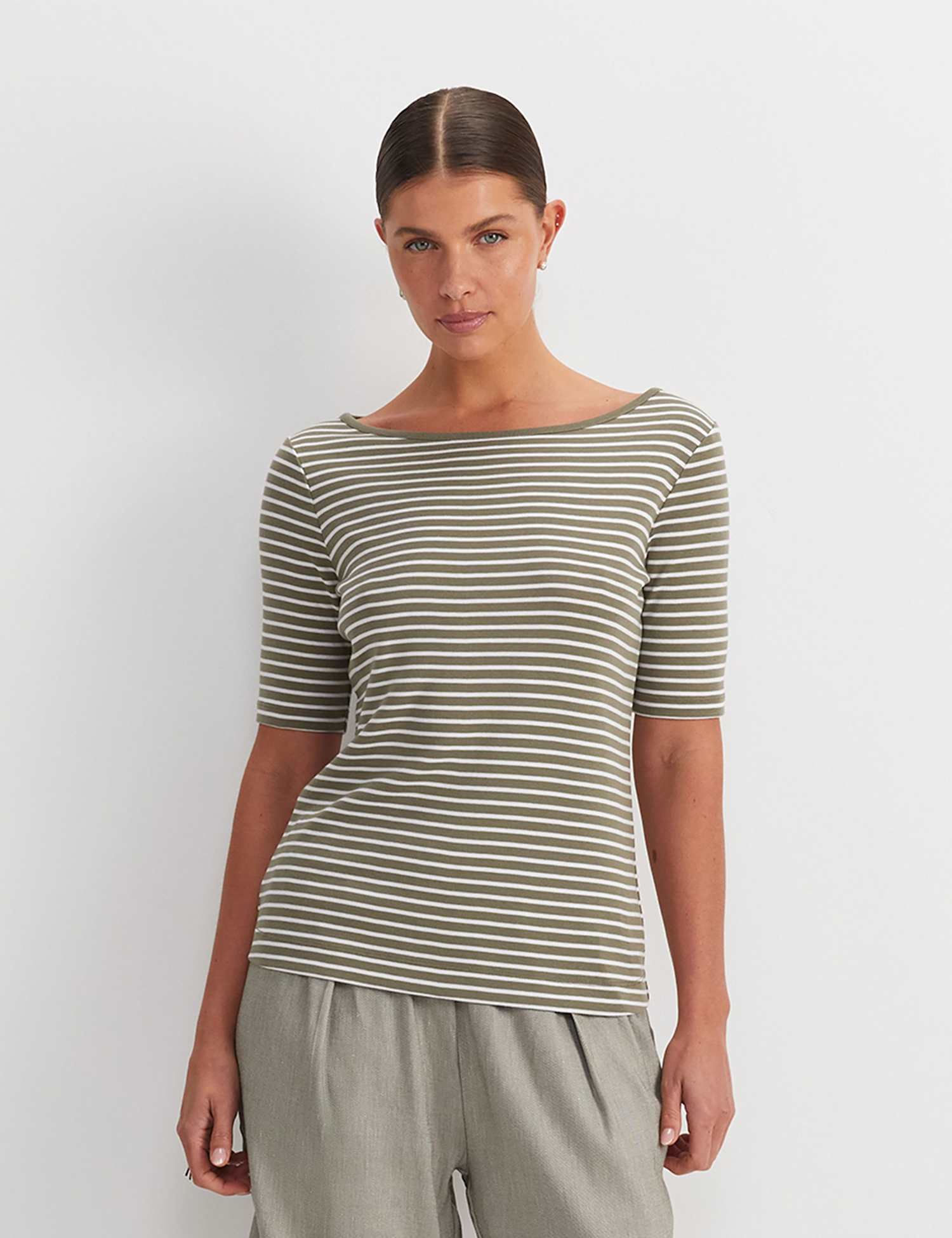 Sportscraft Pure Cotton Striped Slash Neck T-Shirt Khaki Mix