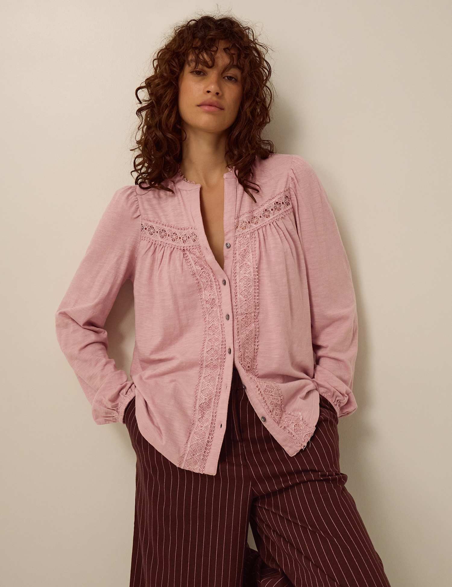 Monsoon Cotton Modal Blend Lace Detail Shirt Blush