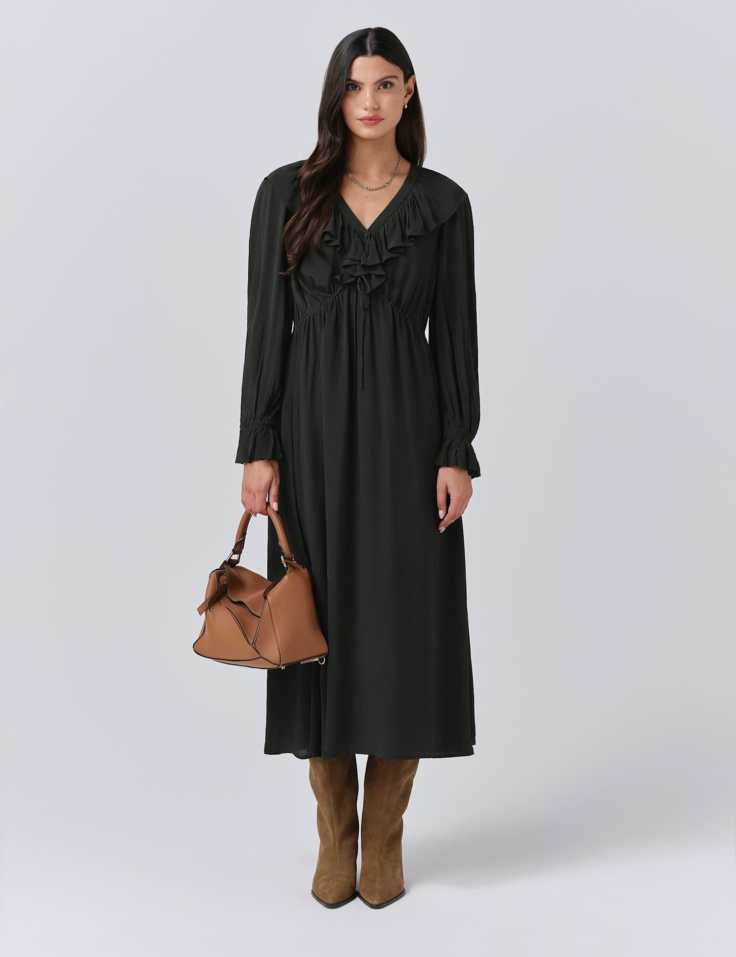 Ghost Crepe V-Neck Tie Waist Midi Dress Dark Green