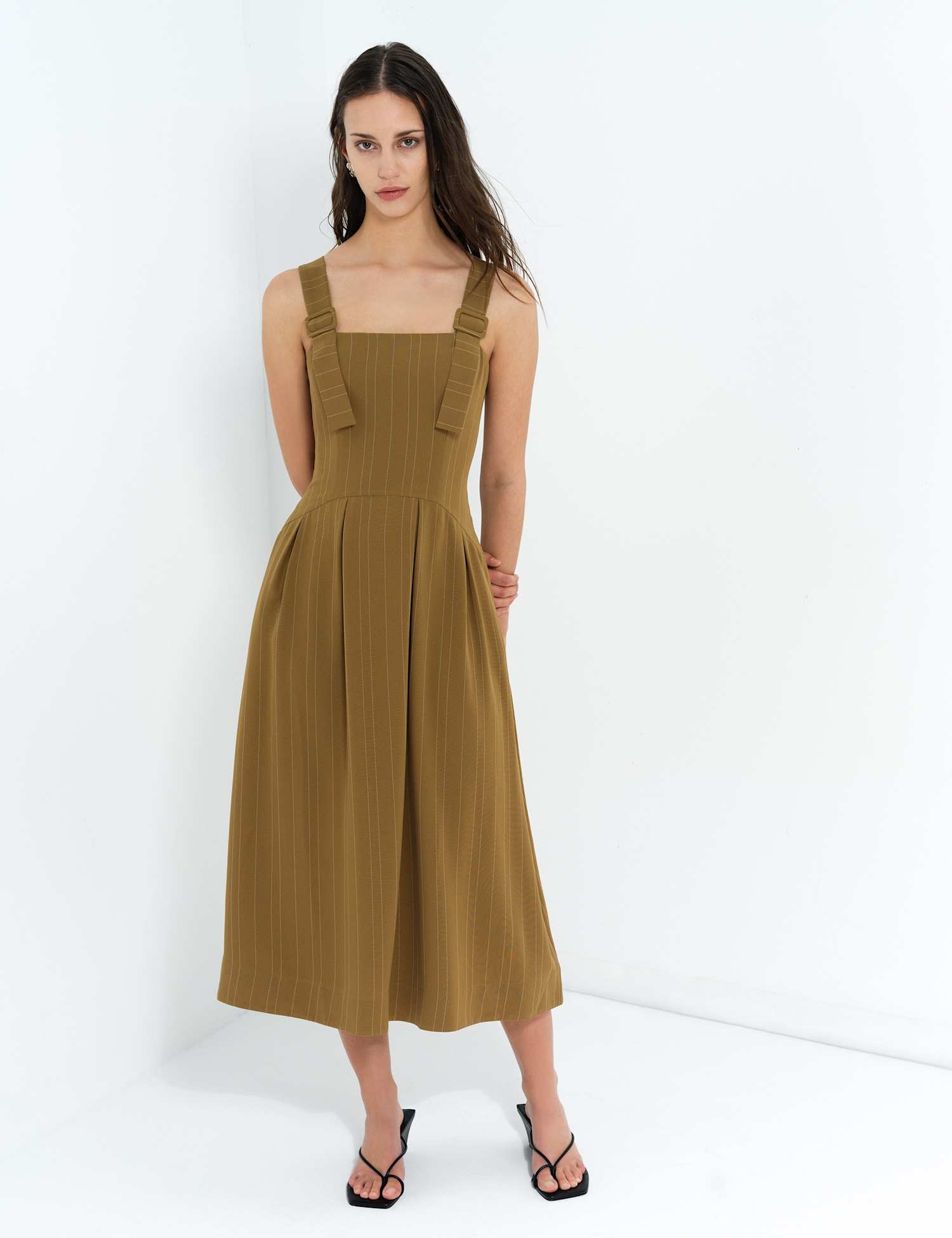 French Connection Pinstripe Square Neck Maxi Waisted Dress Green Mix