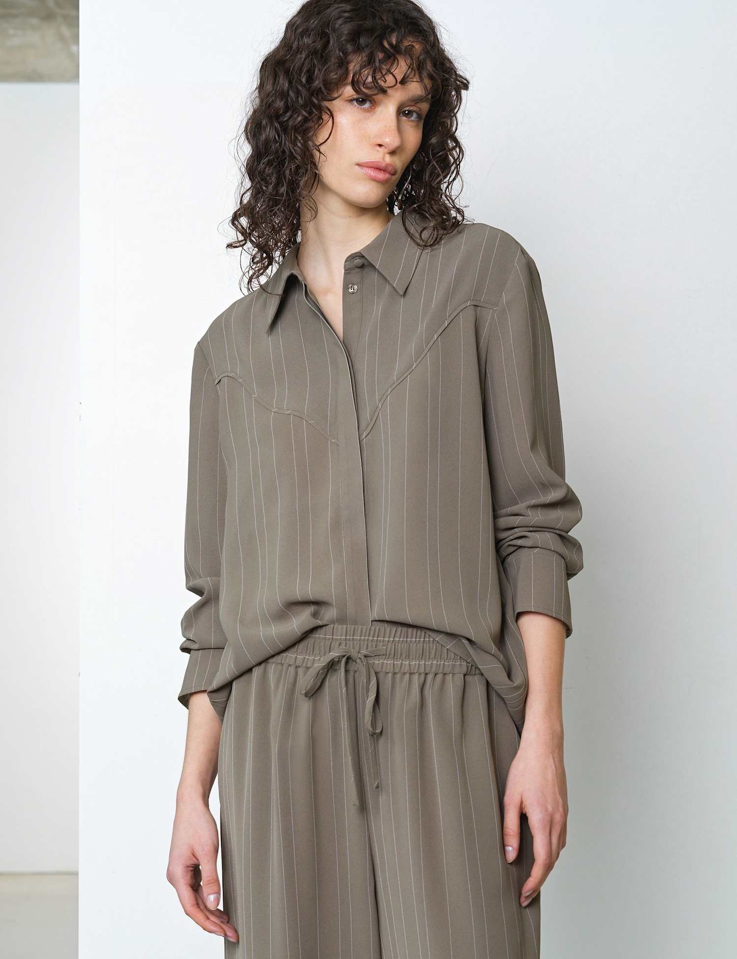 French Connection Pinstripe Collared Yoke Detail Shirt Khaki Mix