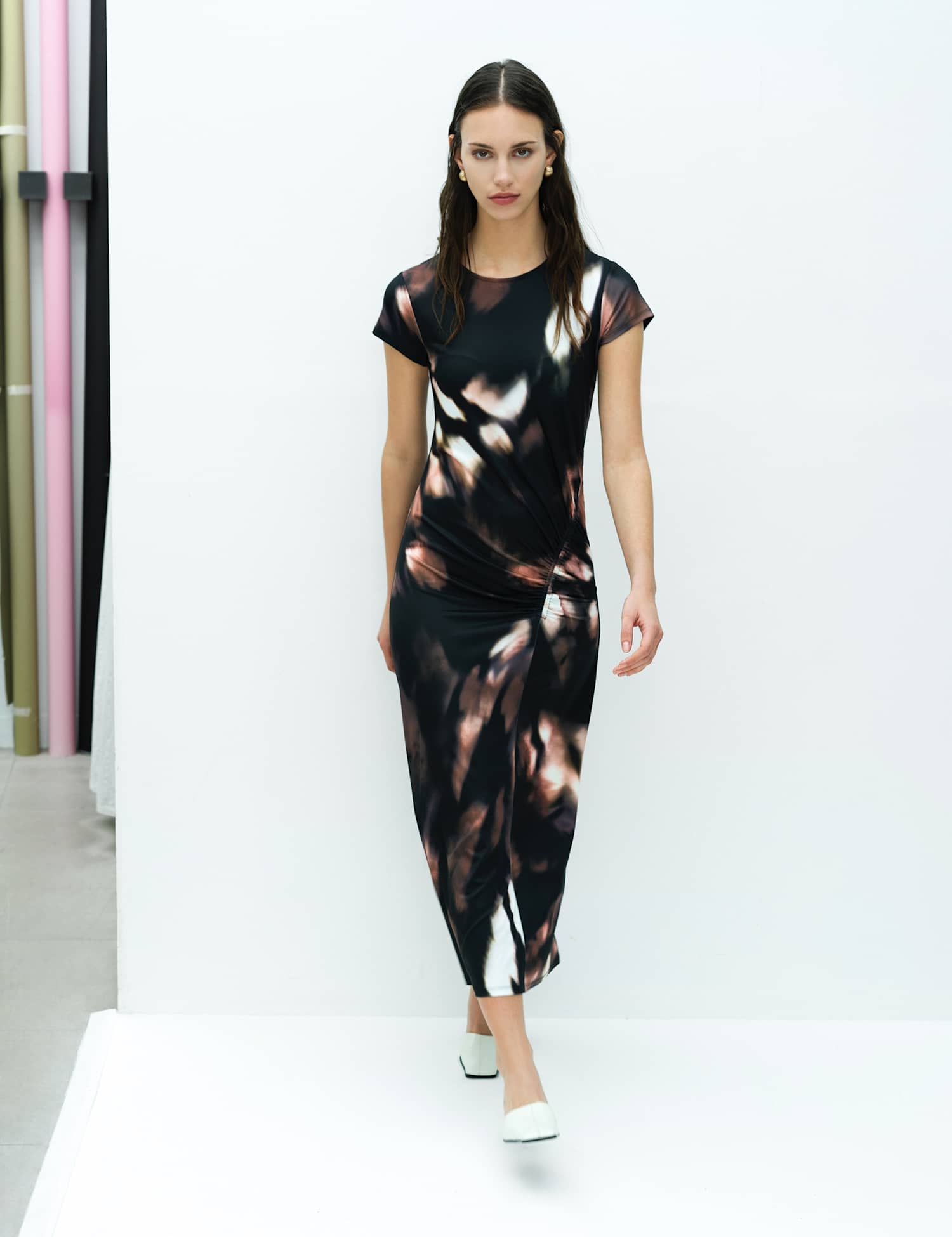 French Connection Jersey Abstract Crew Neck Midaxi Column Dress Brown Mix