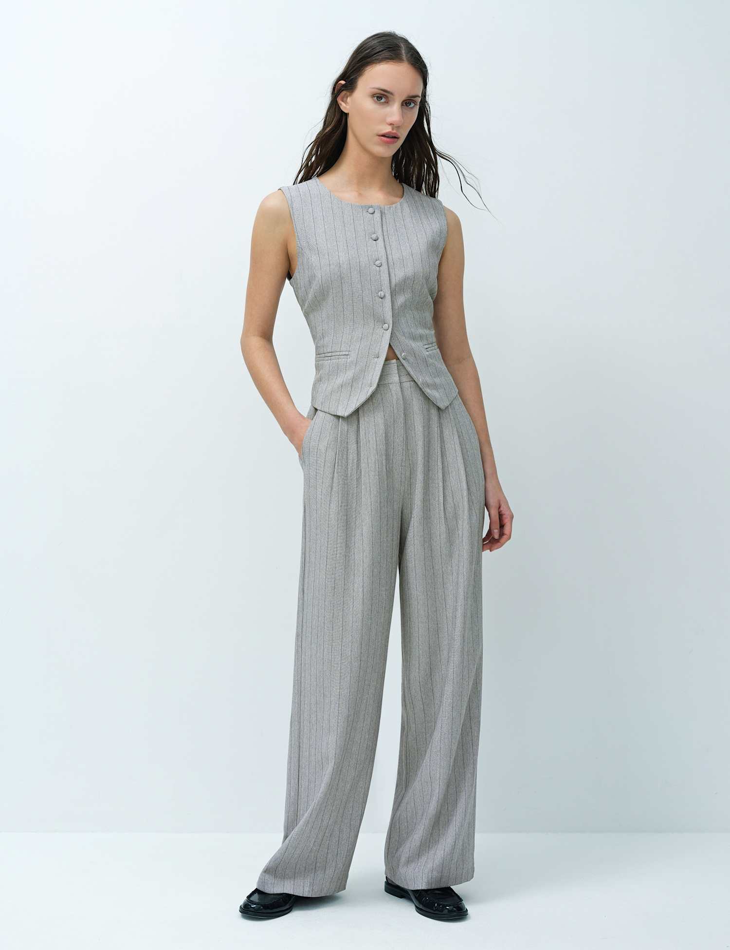 French Connection Pinstripe Wide Leg Trousers Grey Mix