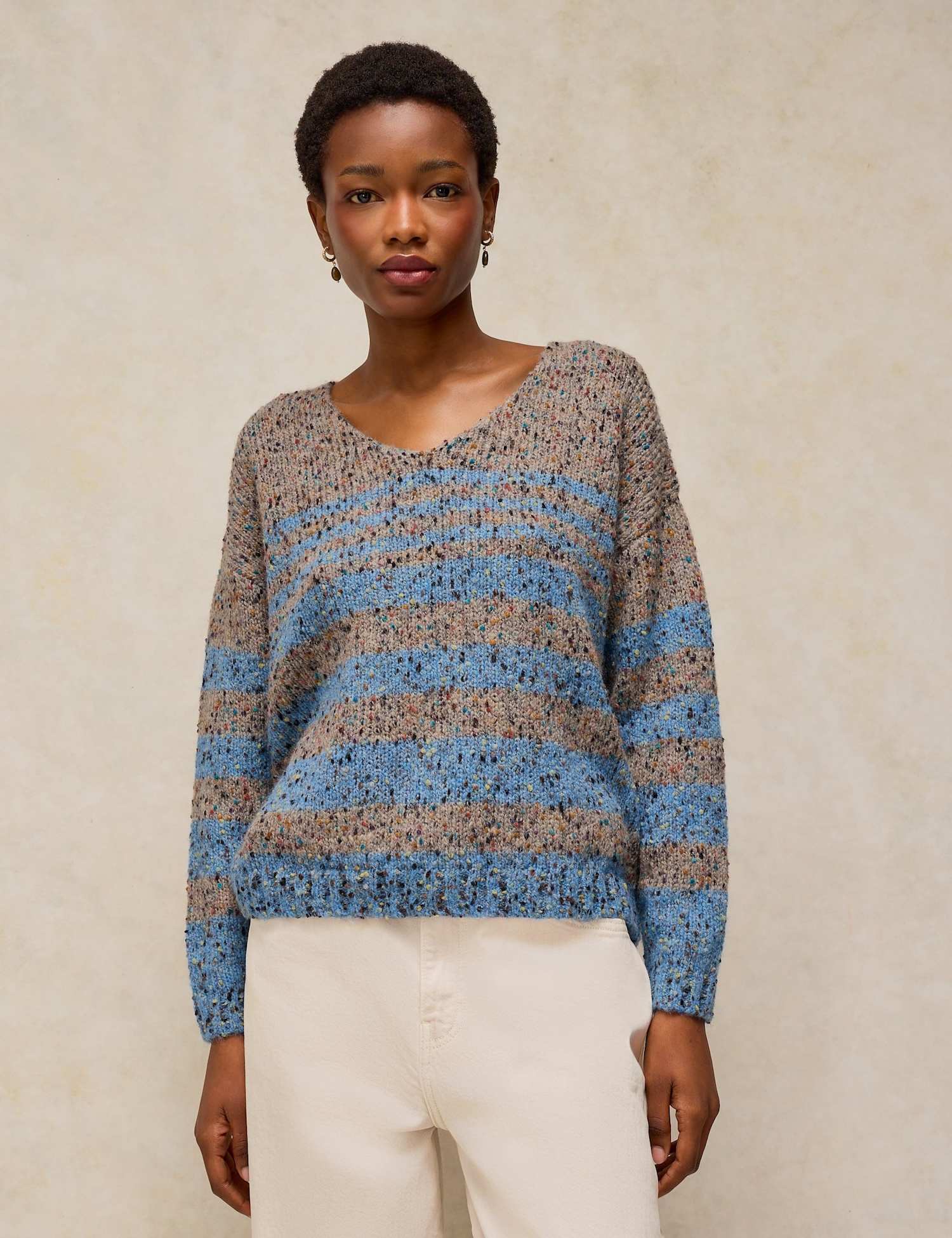 White Stuff Textured Striped V-Neck Jumper with Wool Brown Mix