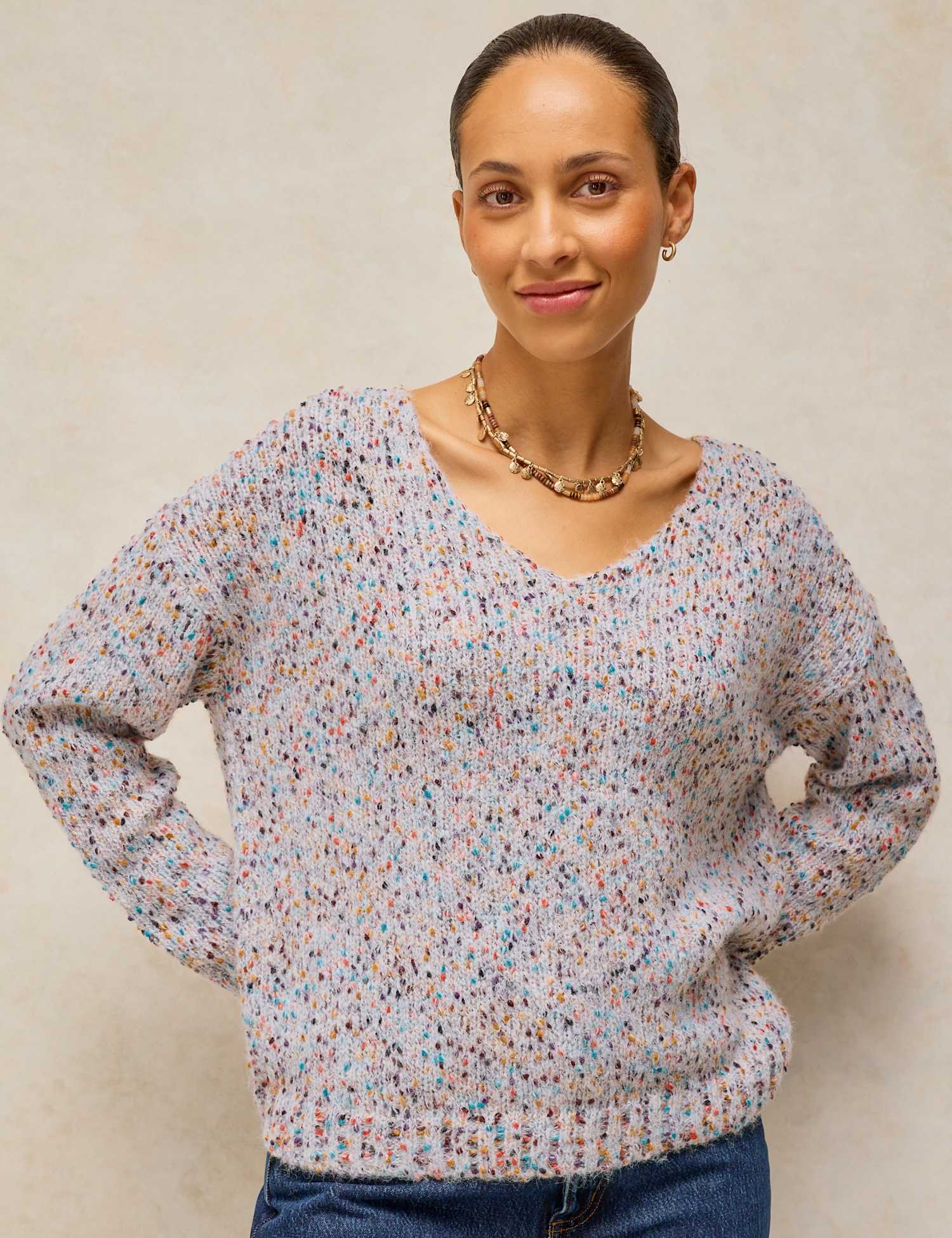 White Stuff Textured Flecked V-Neck Jumper with Wool Natural