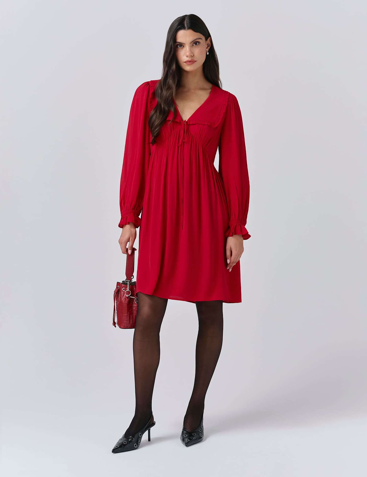 Ghost Crepe V-Neck Frill Collar Mini Smock Dress Red