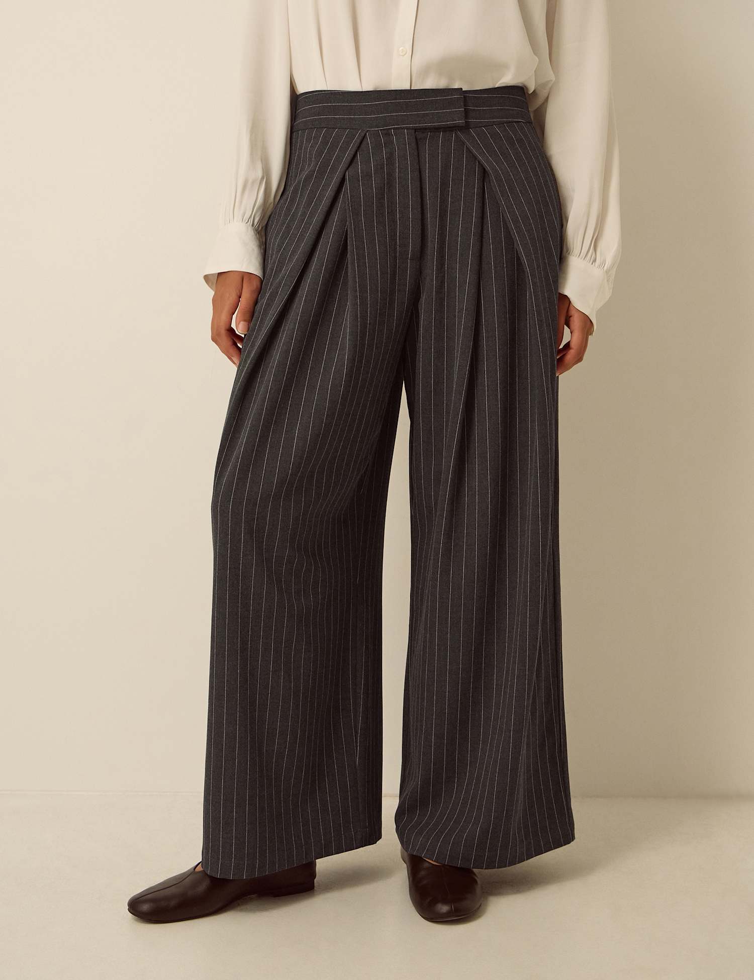 Monsoon Pinstripe Wide Leg Trousers Charcoal Mix