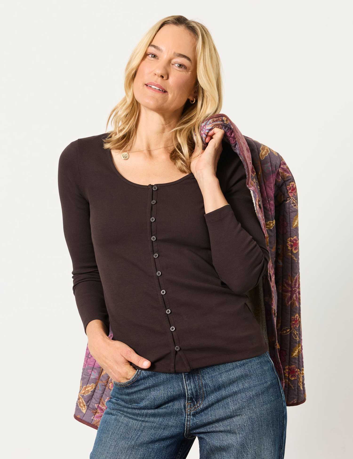 FatFace Cotton Rich Ribbed Scoop Neck Top Chocolate