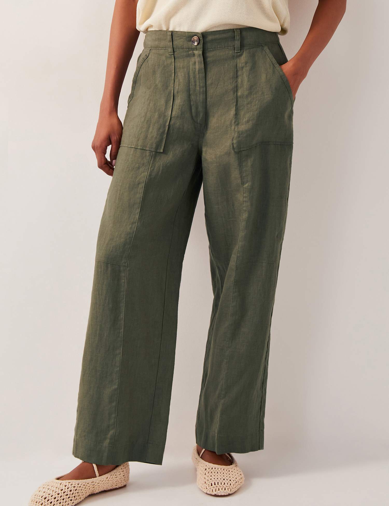 Monsoon Pure Linen Regular Straight Leg Trousers Khaki
