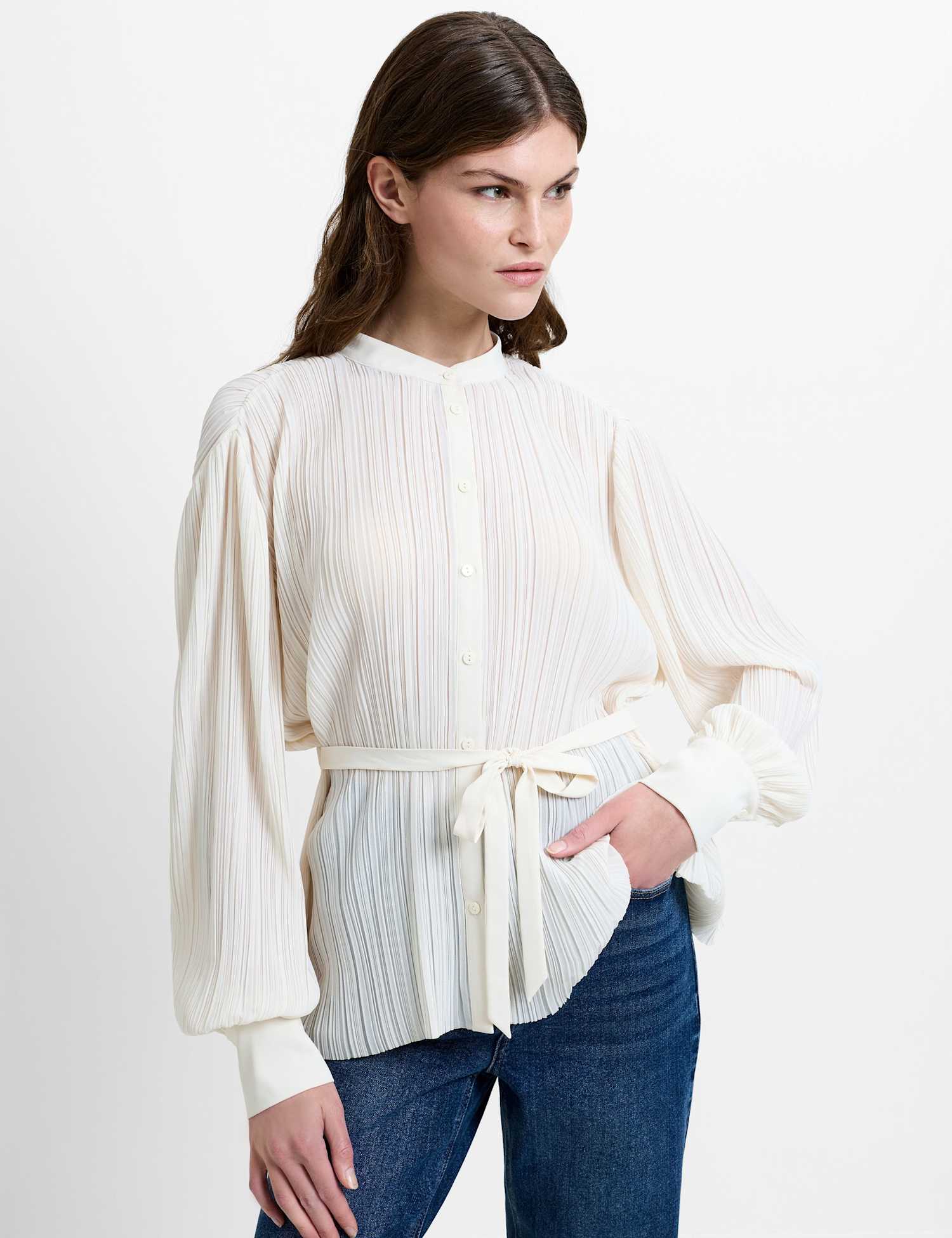 French Connection Plisse Waisted Military Blouse Cream