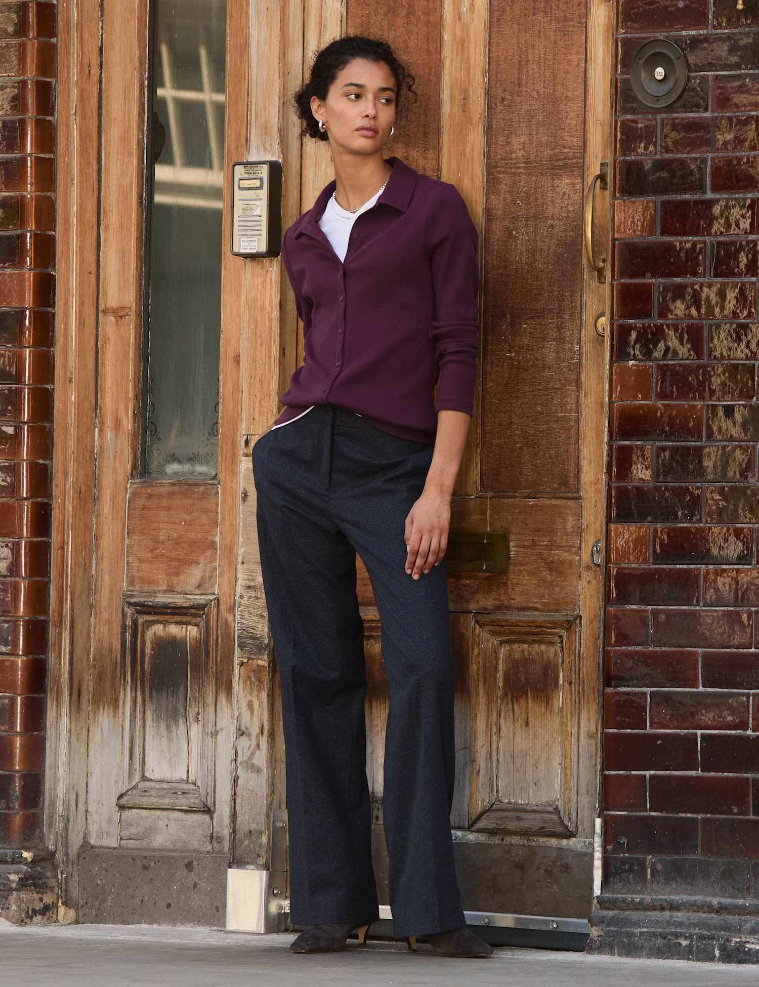 BAUKJEN Wool Blend Checked Wide Leg Trousers Navy Mix
