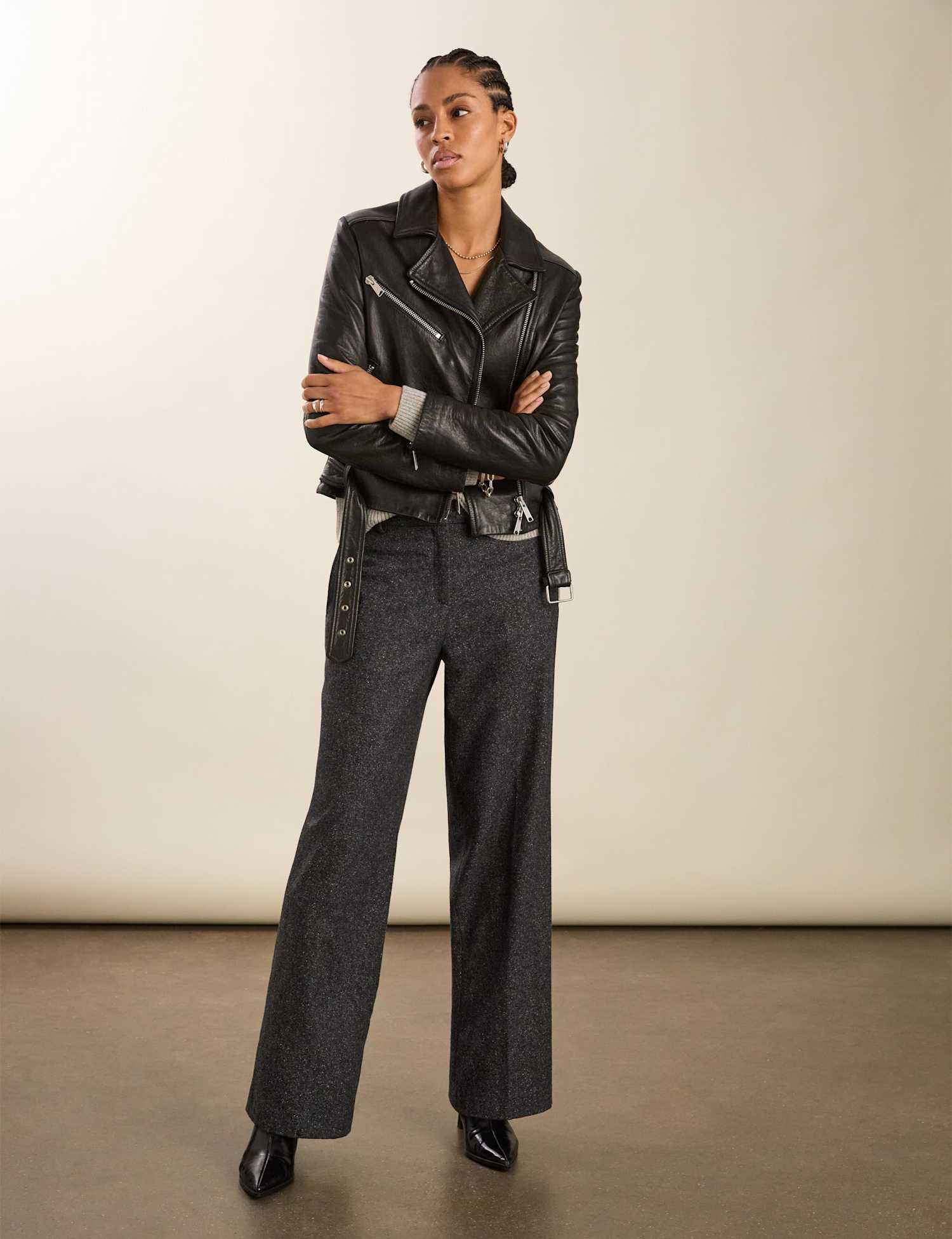 BAUKJEN Wool Blend Checked Wide Leg Trousers Grey