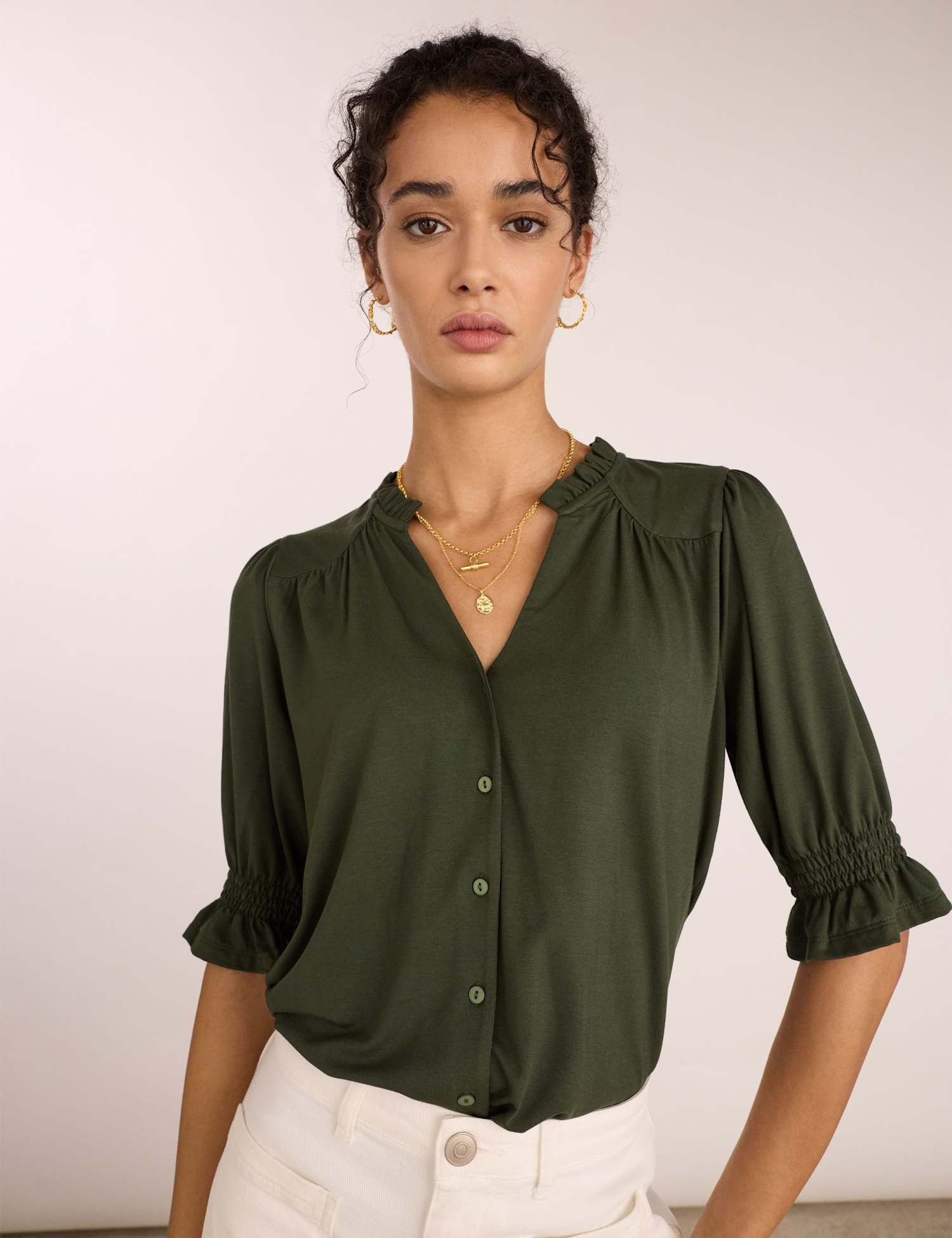 BAUKJEN Cotton Rich V-Neck Button Through Blouse Dark Khaki