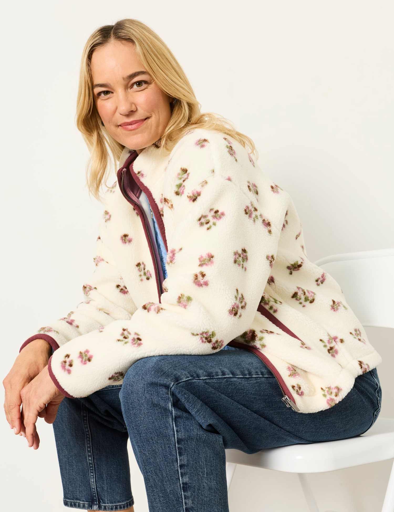 FatFace Fleece Ditsy Floral Funnel Neck Jacket Ivory Mix