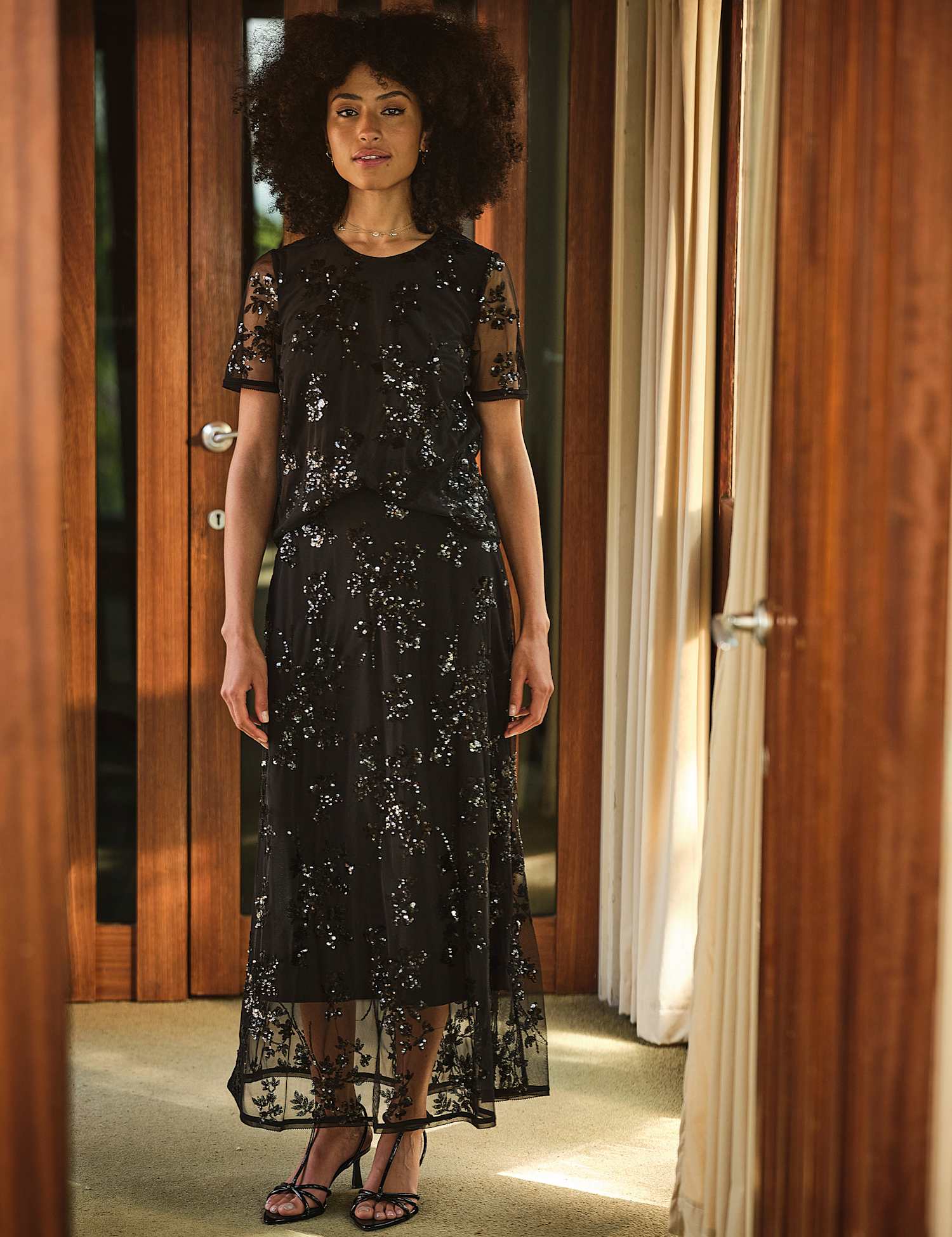 FatFace Sequin Embellished Midi A-Line Skirt Black