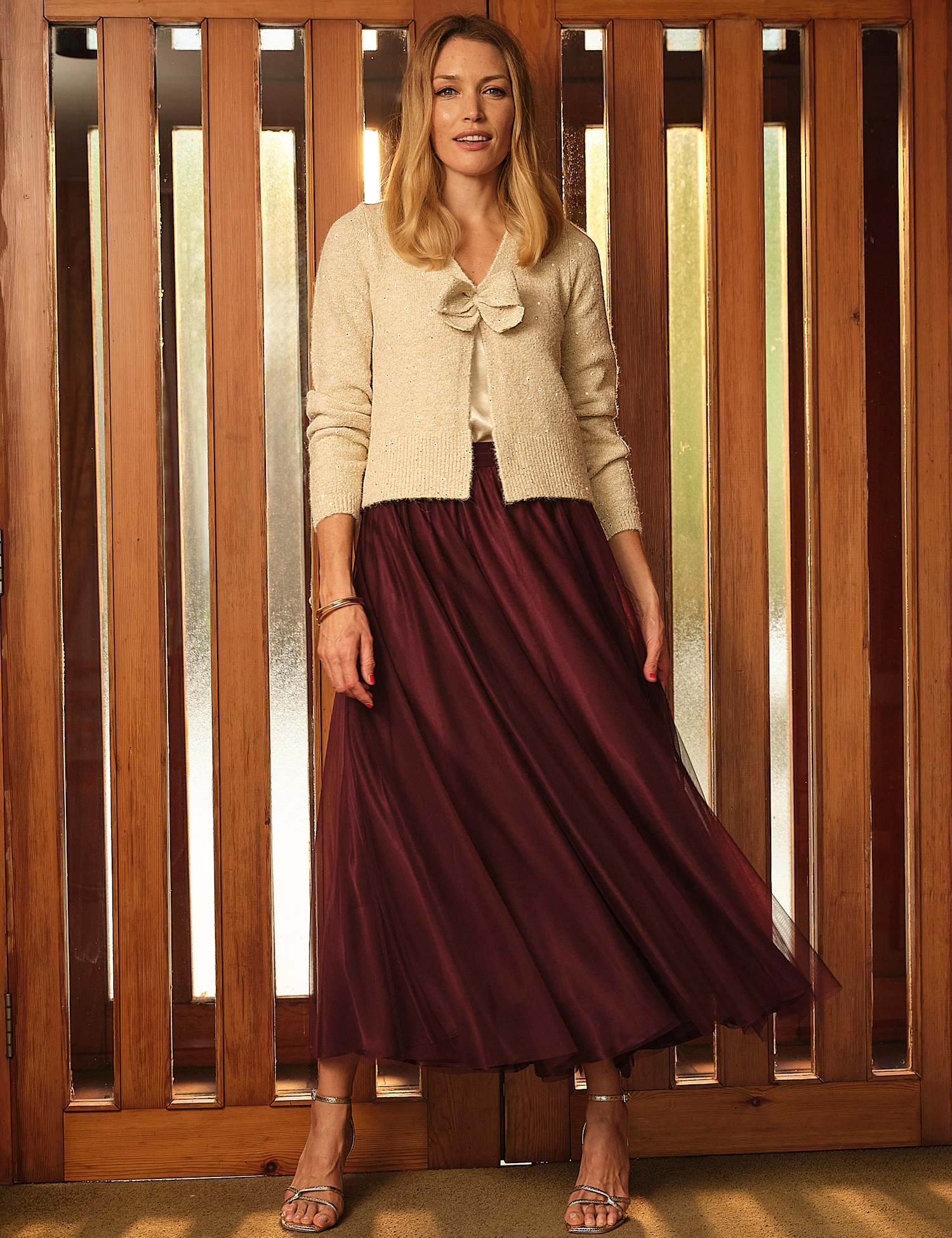 FatFace Tulle Pleated Midi Skirt Burgundy
