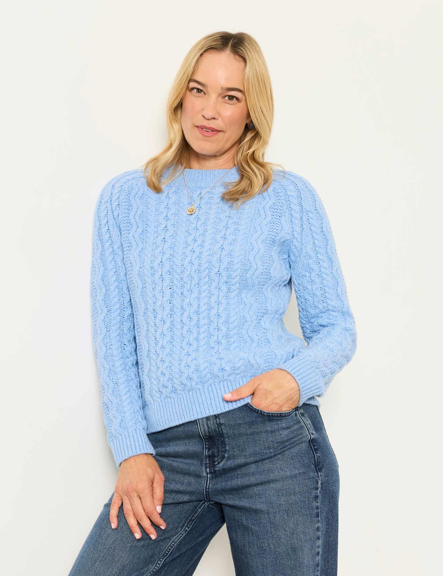 FatFace Cotton Rich Cable Knit Jumper Chambray