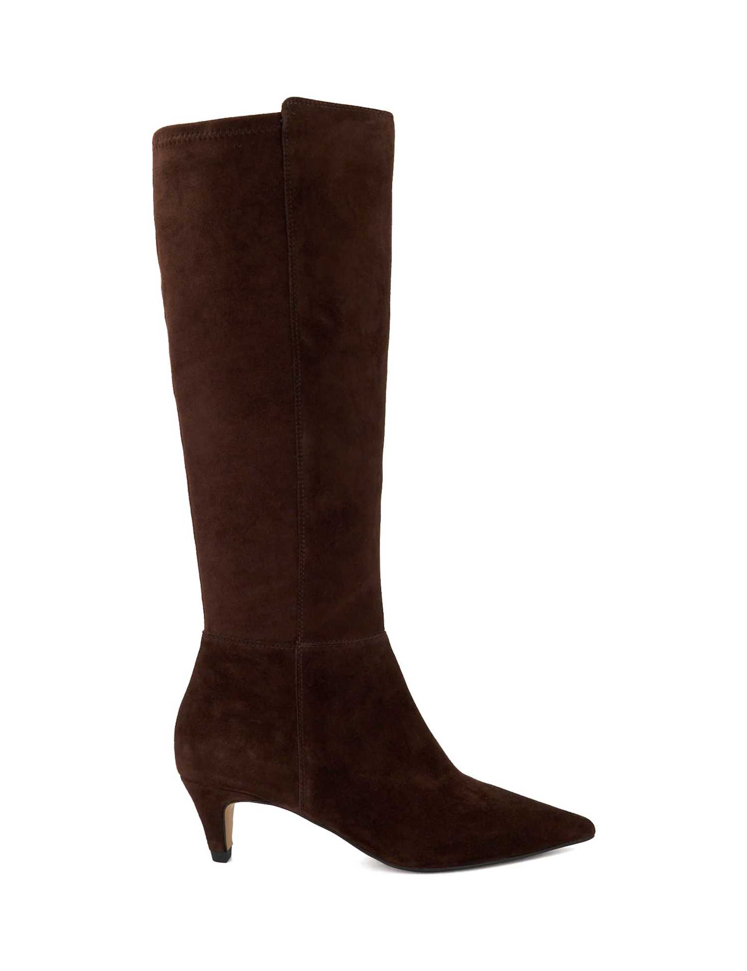 Dune London Shasa Suede Kitten Heel Pointed Toe Knee High Boots Brown