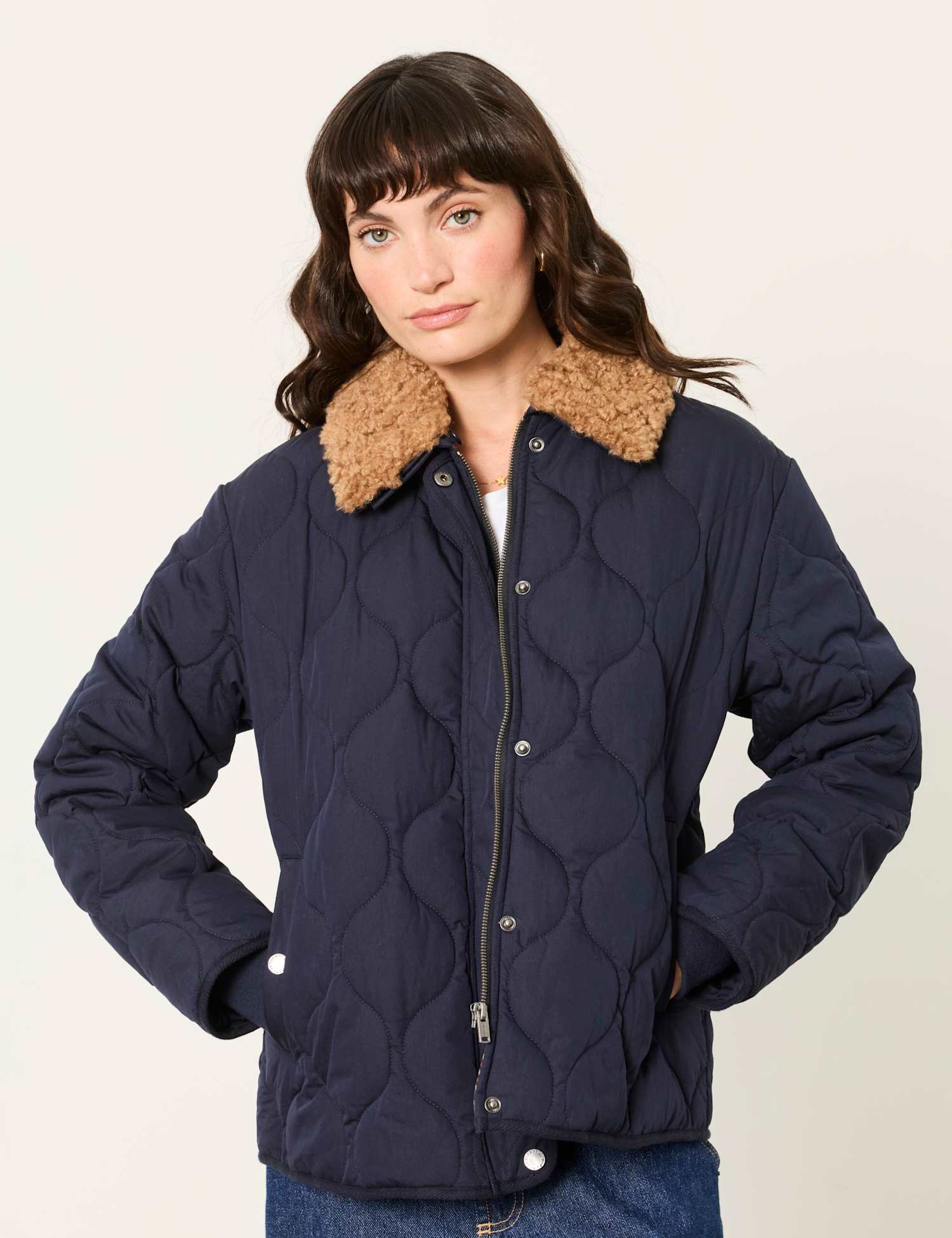 FatFace Cotton Rich Textured Cropped Jacket Navy Mix