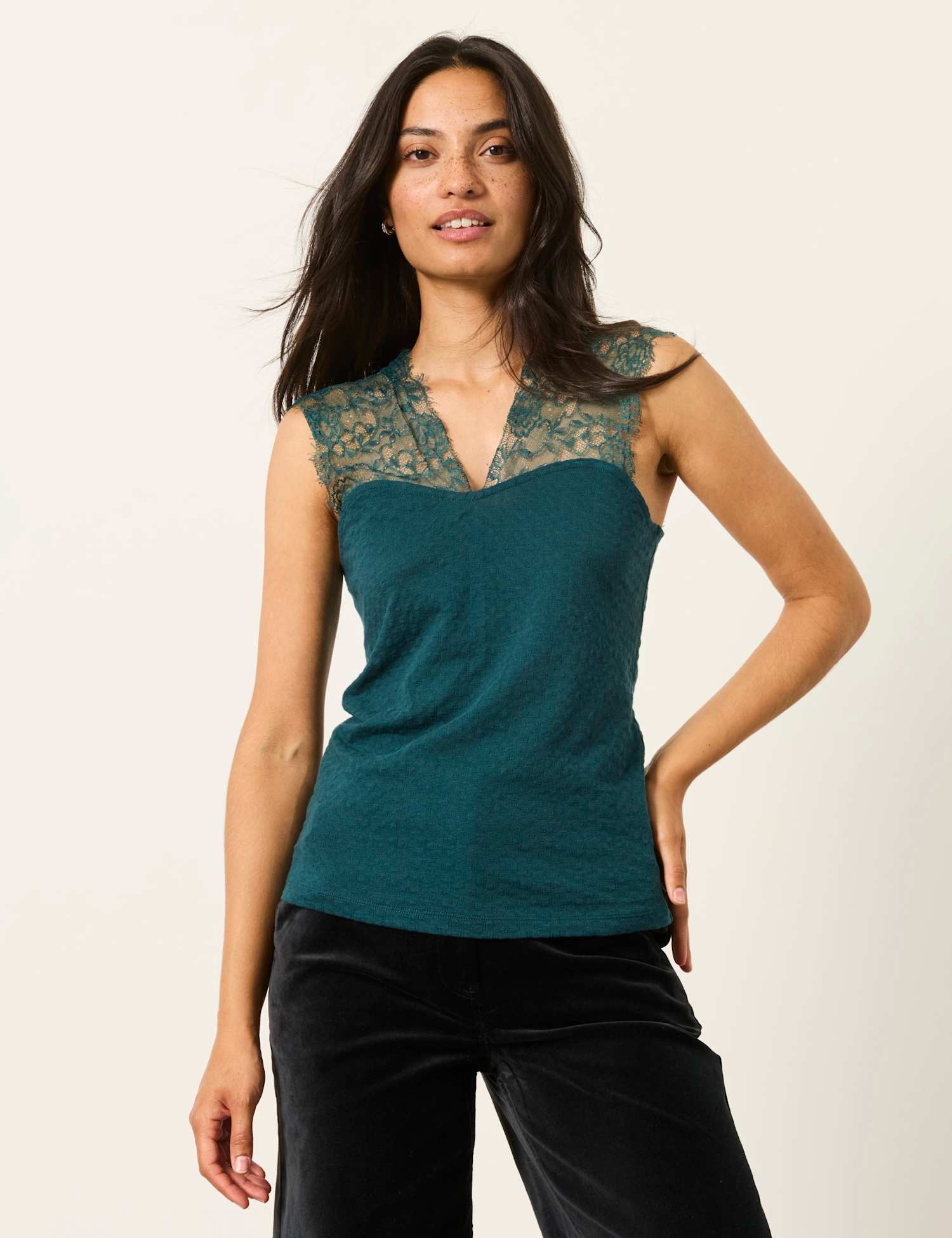 FatFace Pure Cotton V-Neck Lace Detail Top Teal