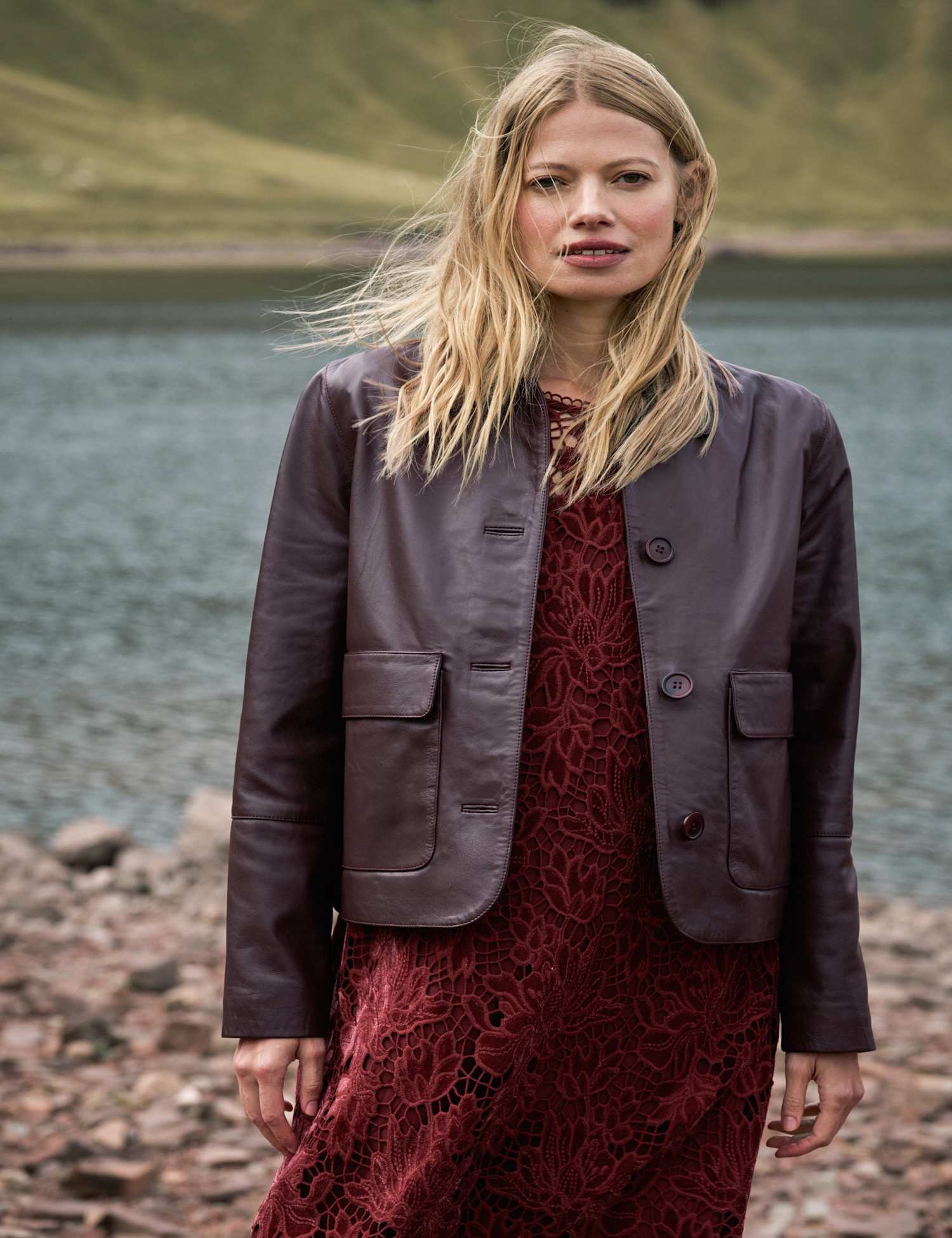 FatFace Leather Cropped Jacket Plum