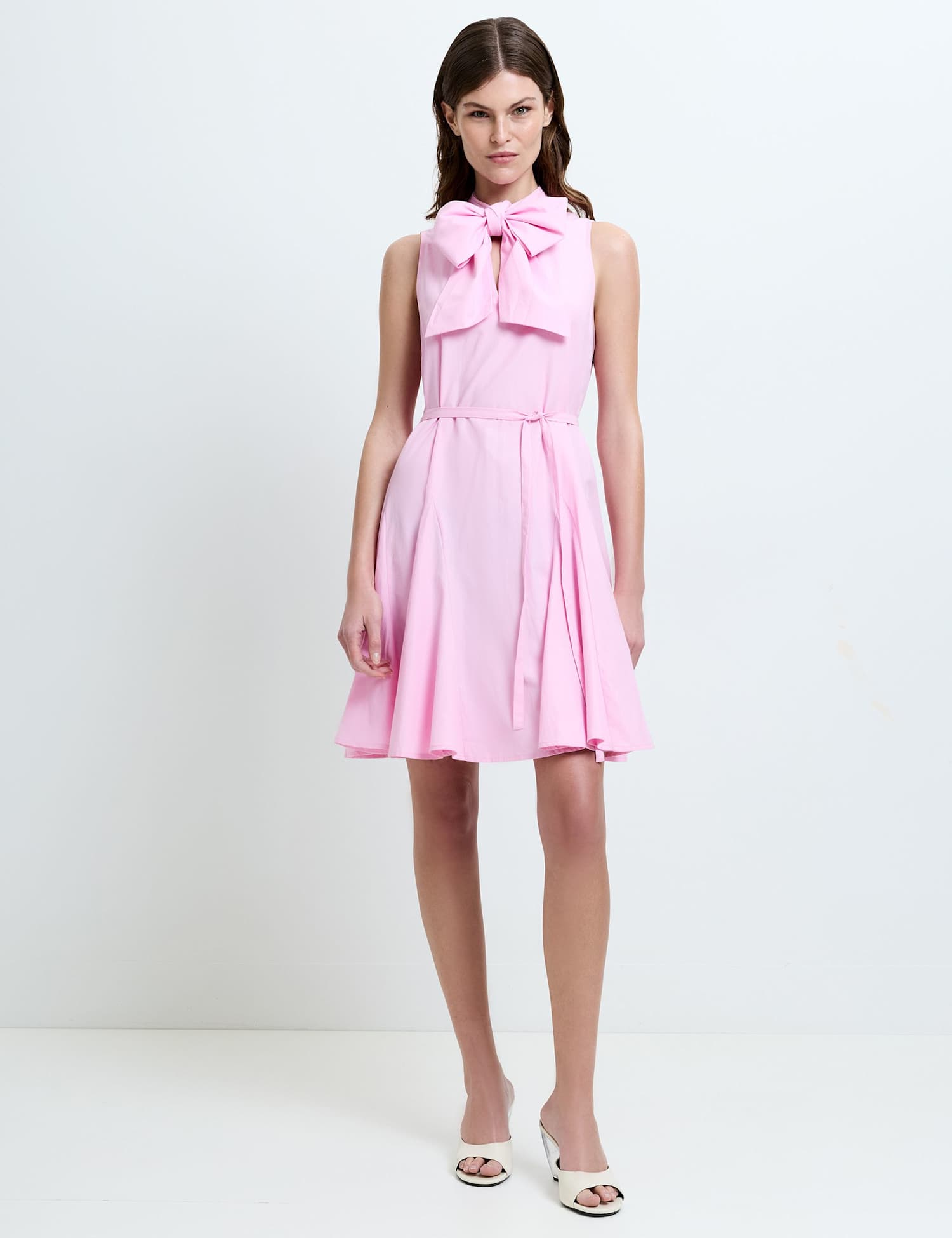 French Connection Cotton Blend Tie Neck Pleated Mini Skater Dress Pink