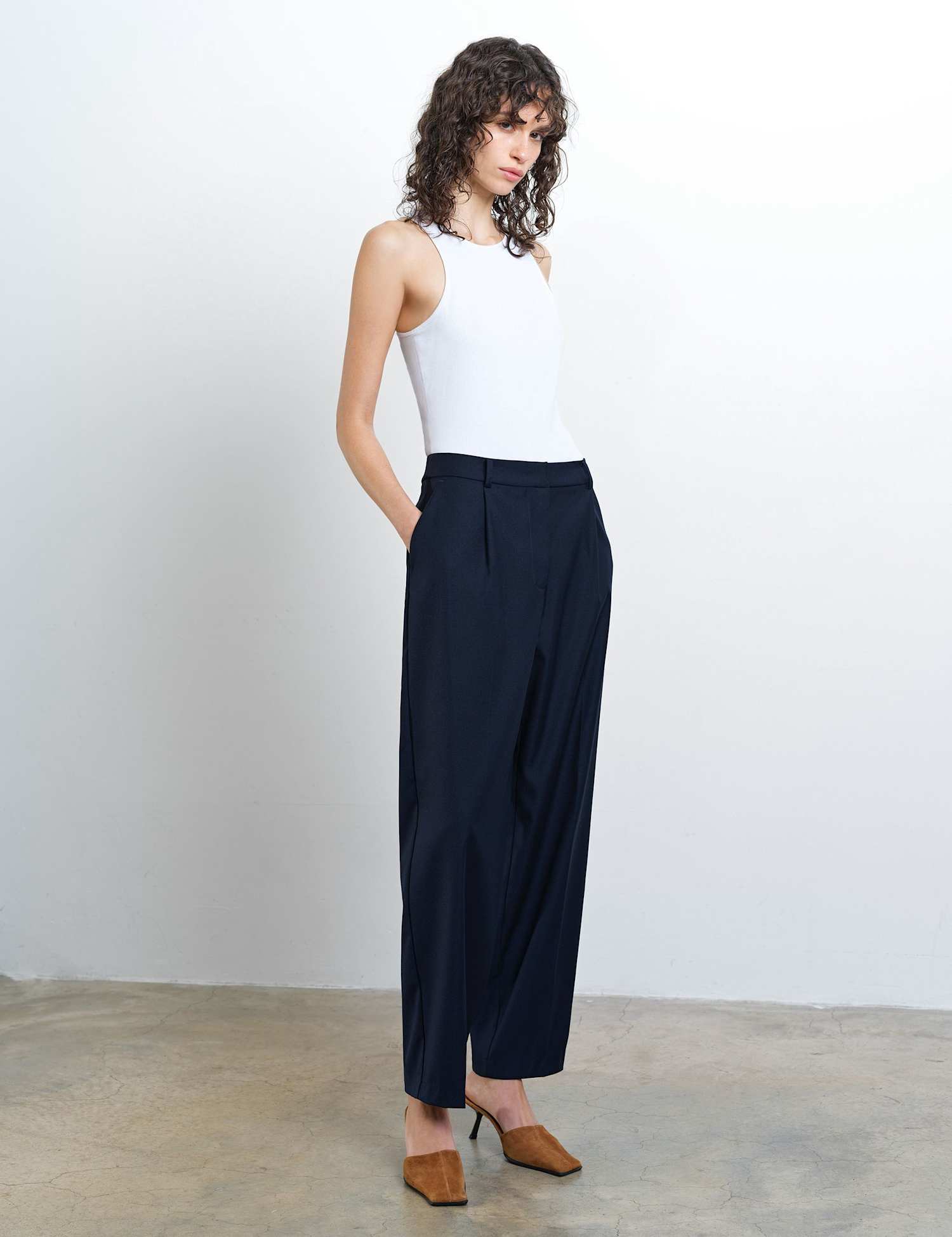 French Connection Pleated Barrel Leg Ankle Grazer Trousers Navy