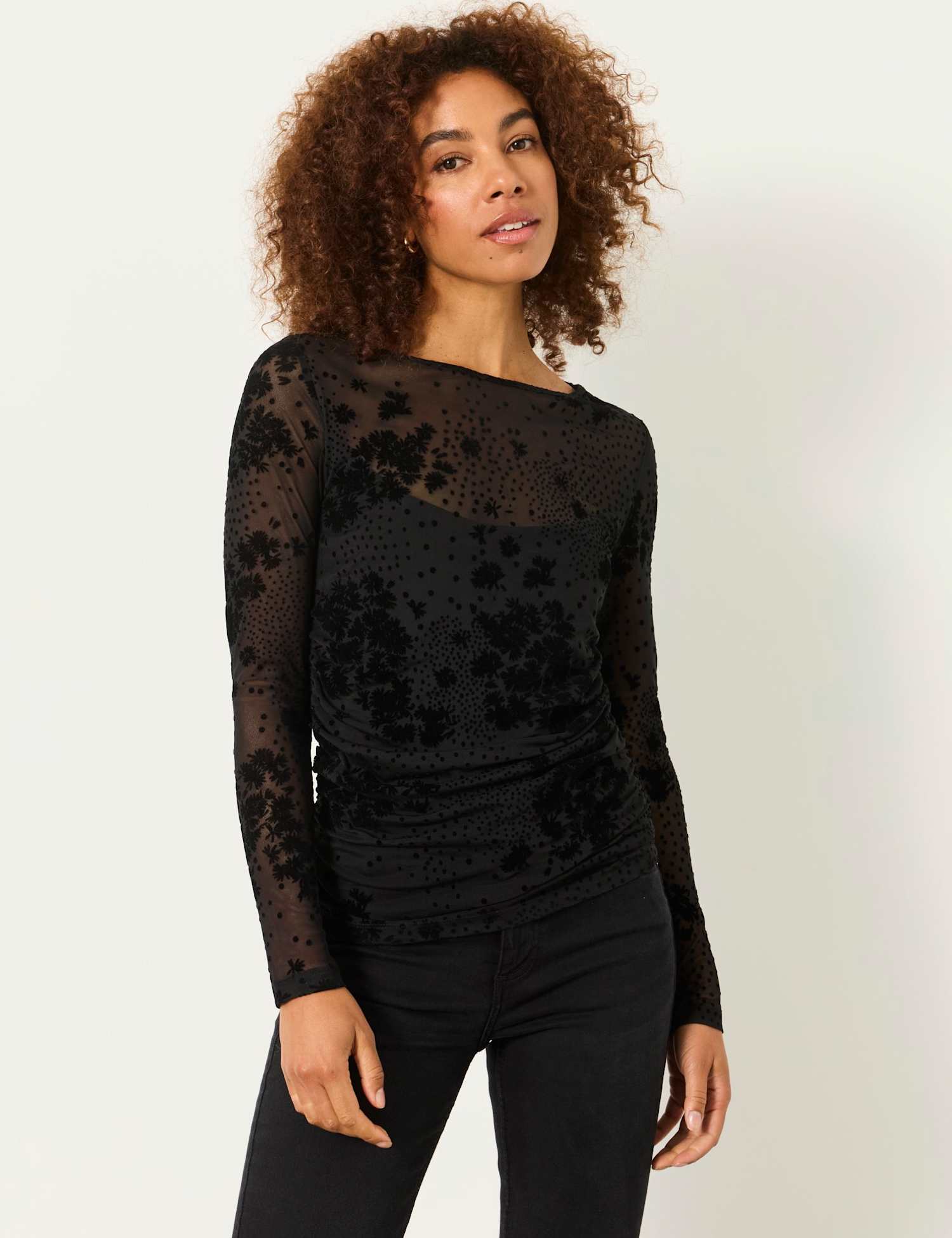 FatFace Sheer Flocked Ruched Top Black