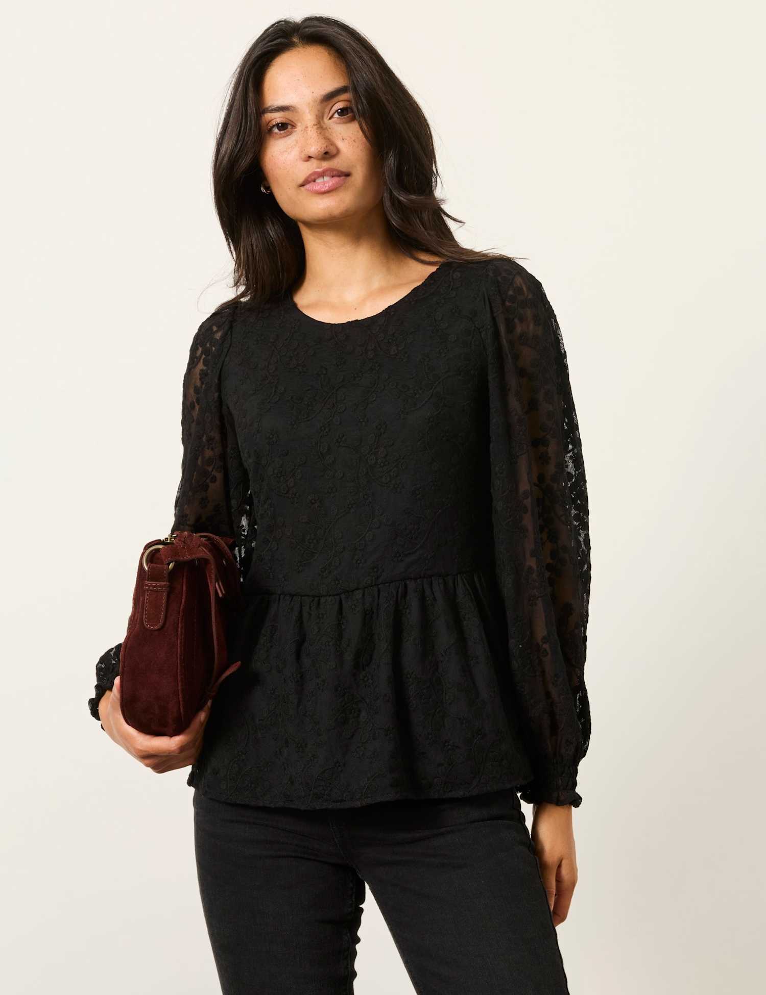 FatFace Floral Lace Waisted Blouson Sleeve Top Black
