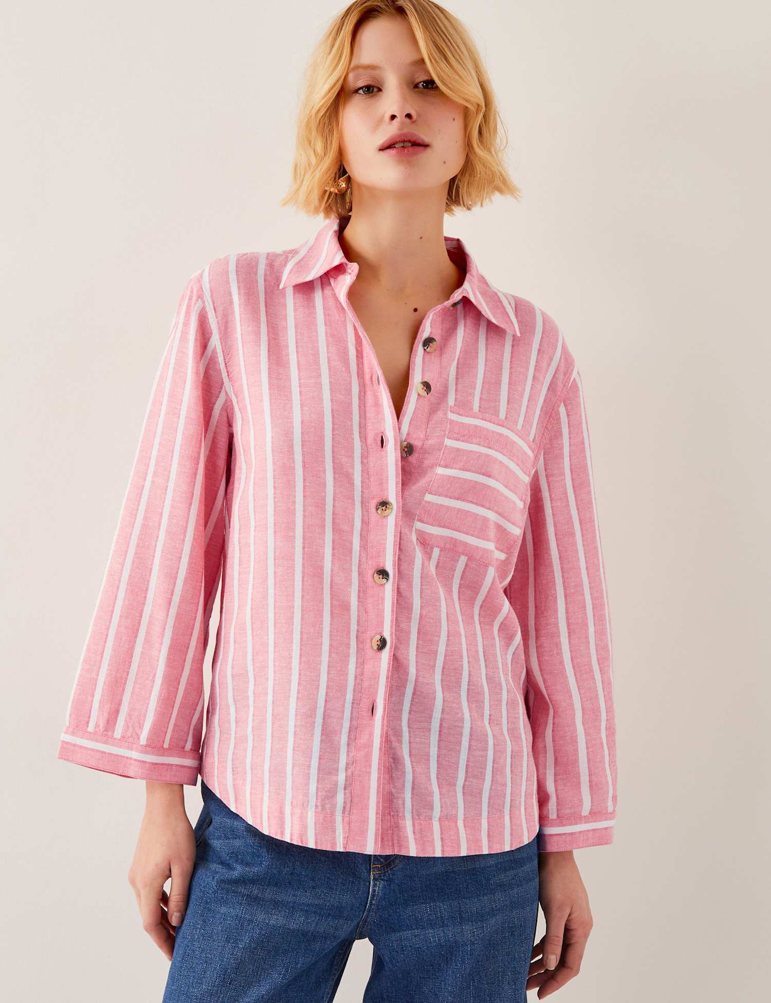 Monsoon Linen Blend Striped Collared Shirt Pink Mix