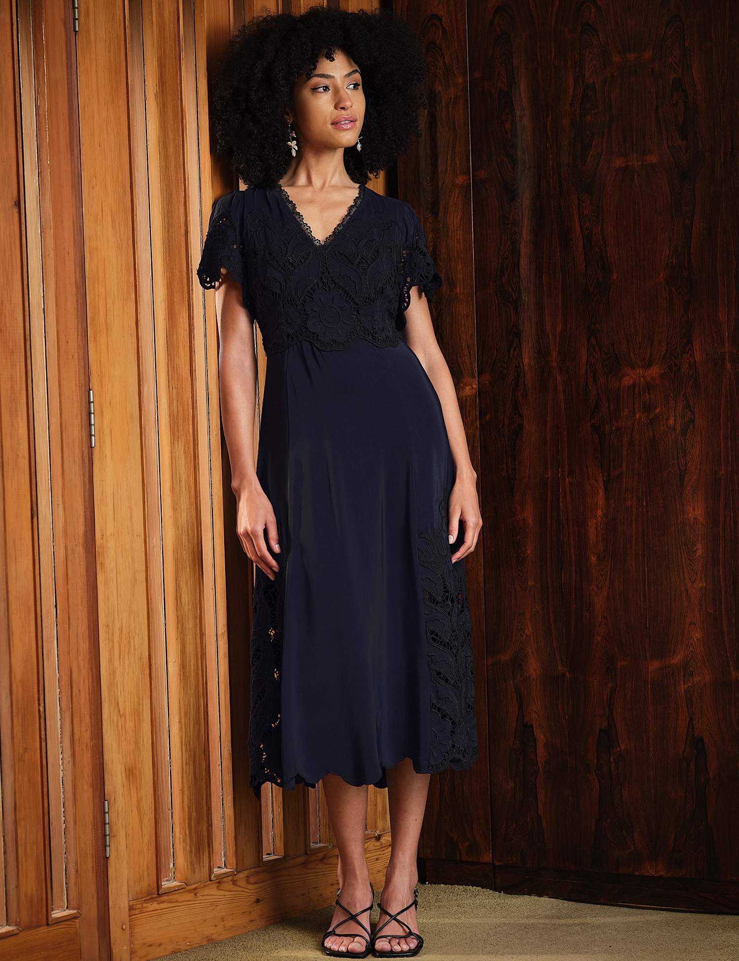 FatFace Lace Embellished V-Neck Midi Waisted Dress Navy