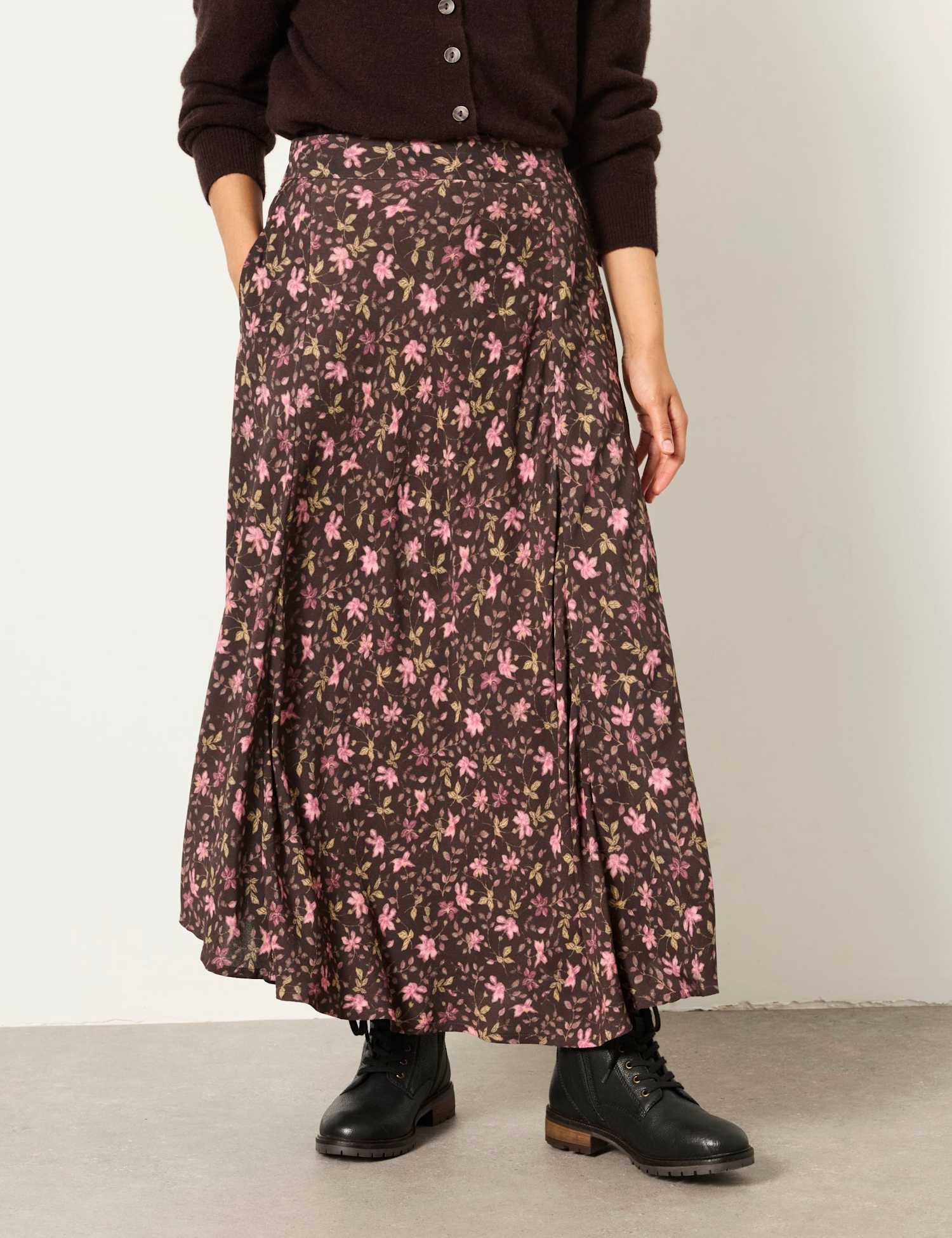 FatFace Floral Midi A-Line Skirt Brown Mix