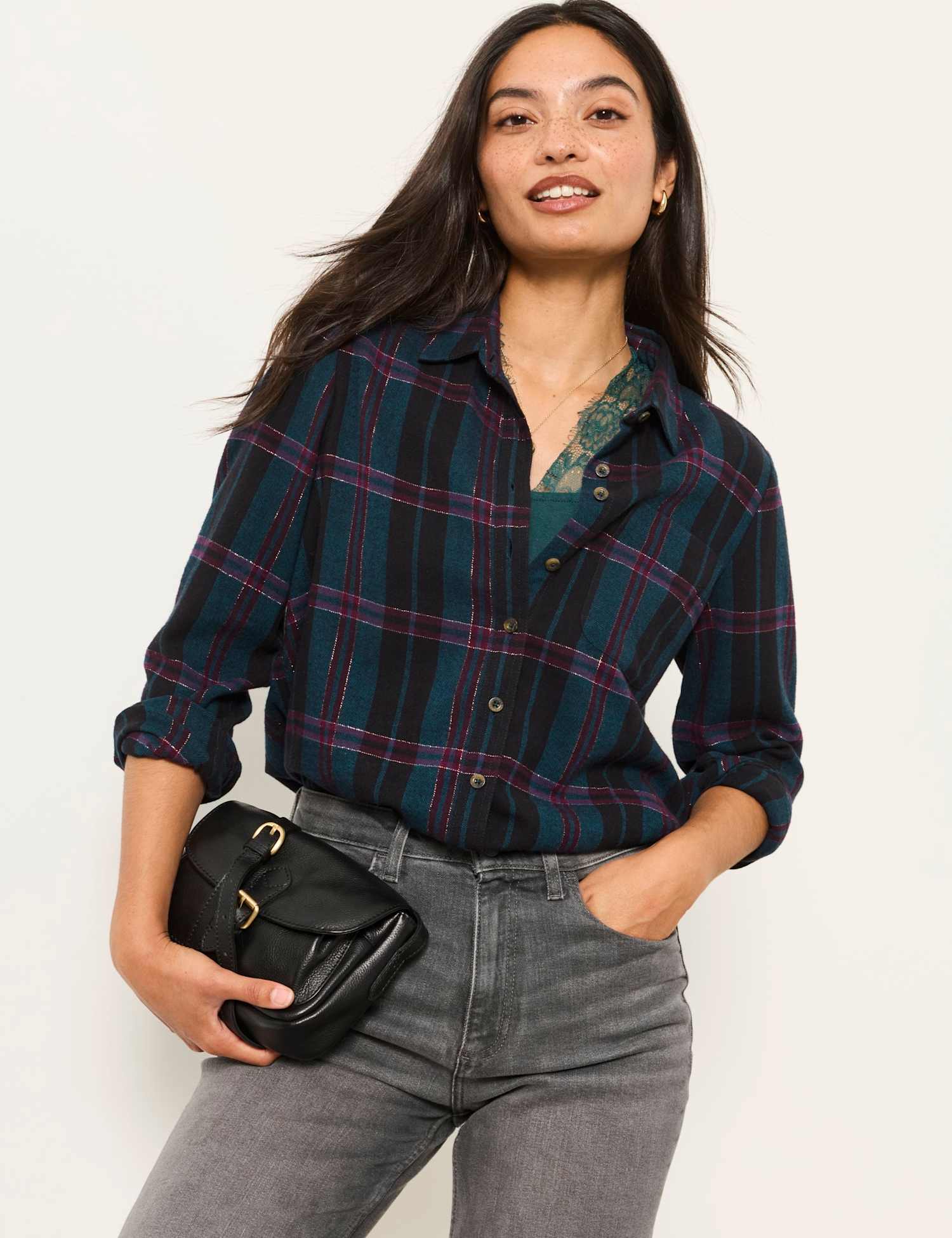 FatFace Cotton Rich Checked Collared Shirt Navy Mix