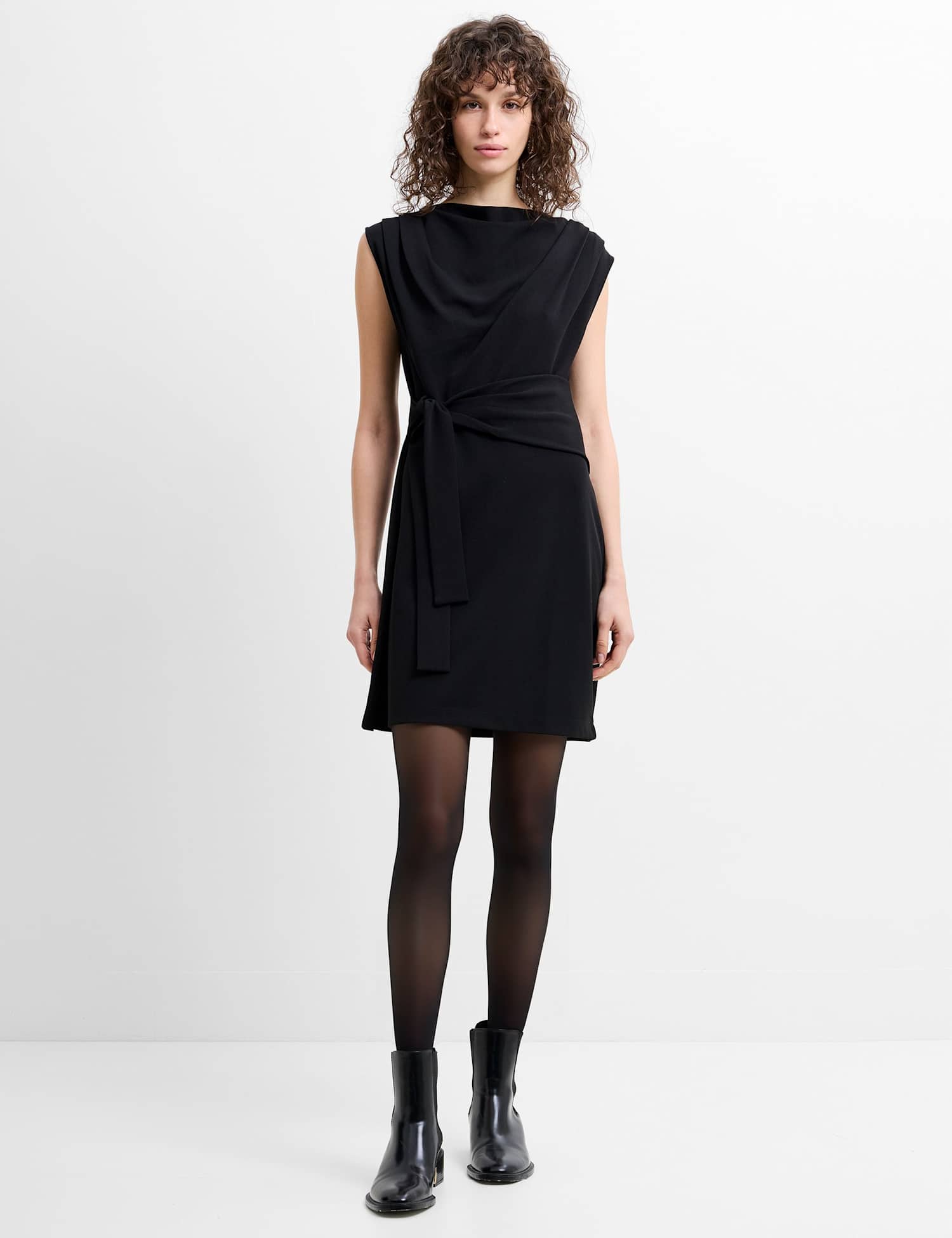 French Connection Jersey Cowl Neck Belted Mini Shift Dress Black
