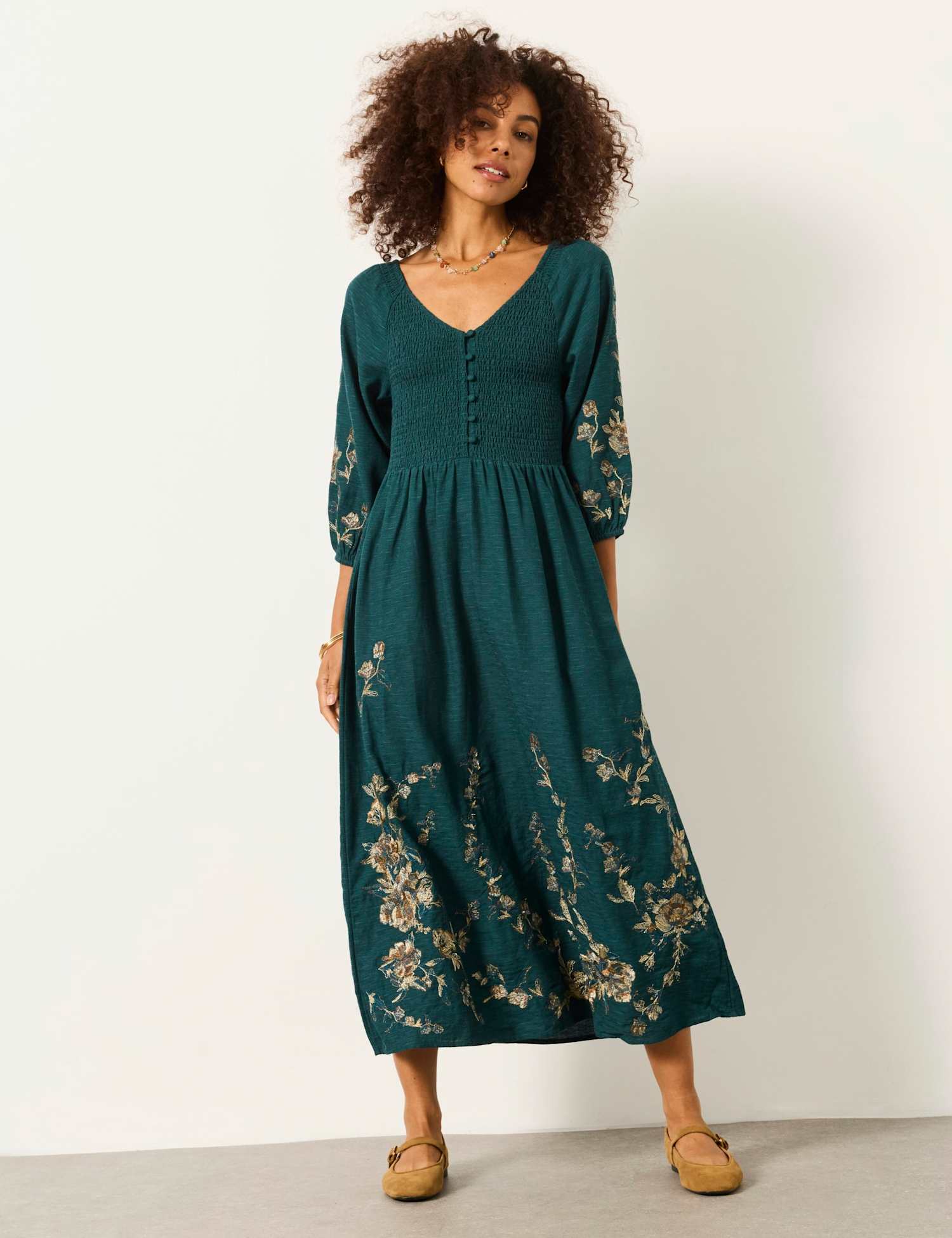 FatFace Embroidered Square Neck Midi Smock Dress Teal Mix