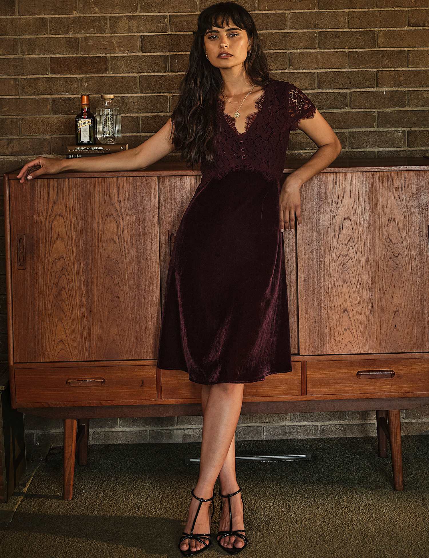 FatFace Velvet Lace Detail V-Neck Mini Waisted Dress Burgundy