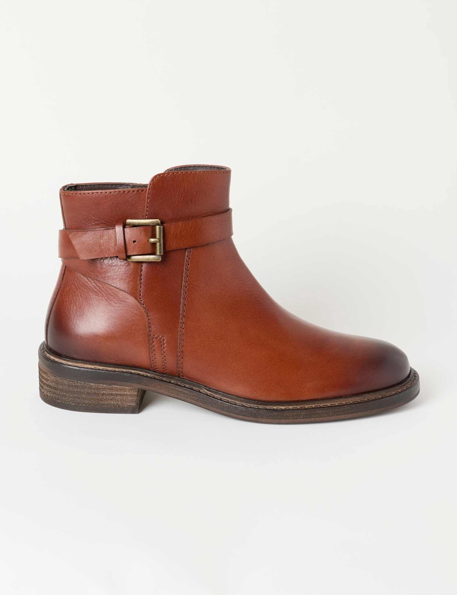 FatFace Leather Buckle Block Heel Ankle Boots Tan