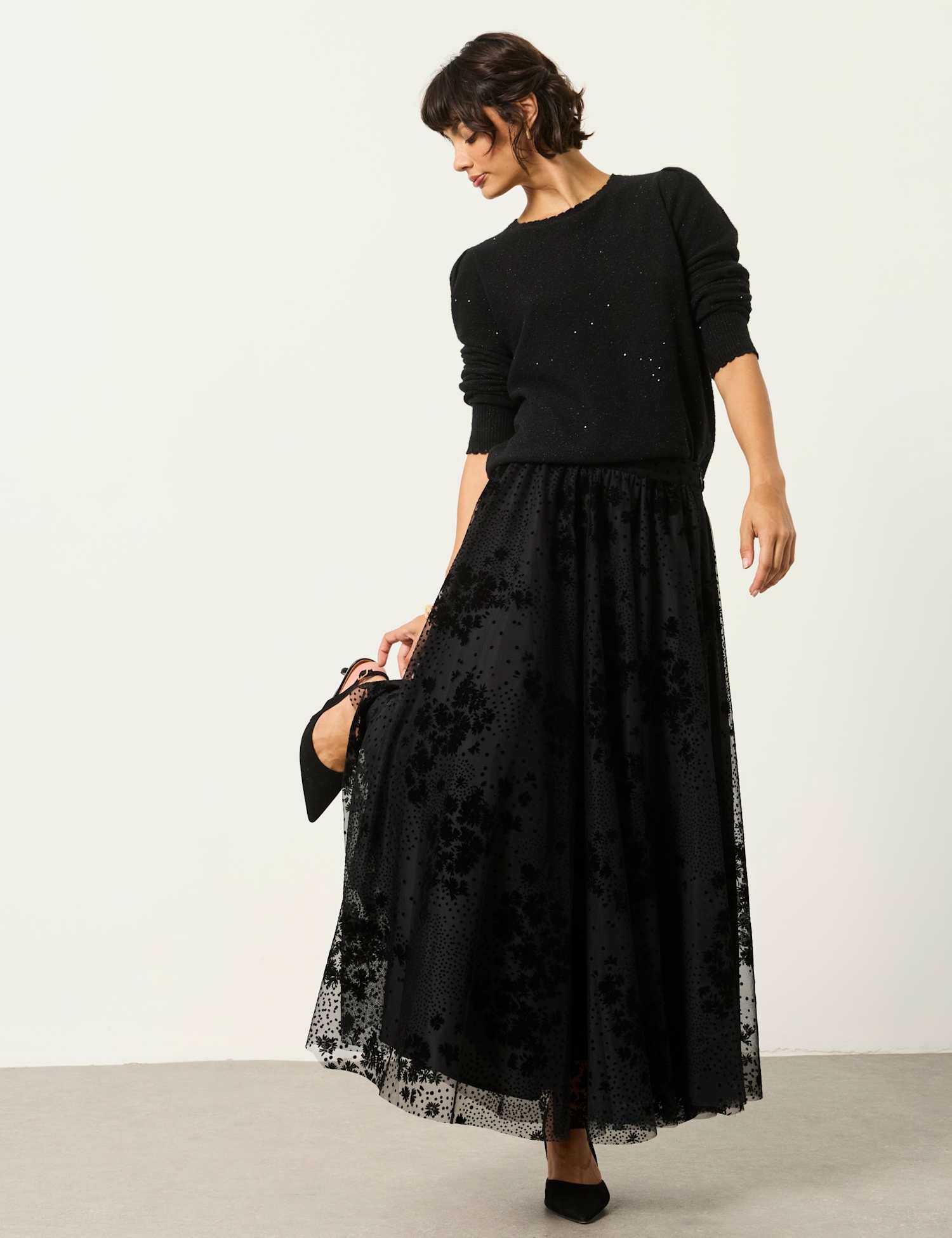 FatFace Spot Print Floral Midi A Line Skirt Black