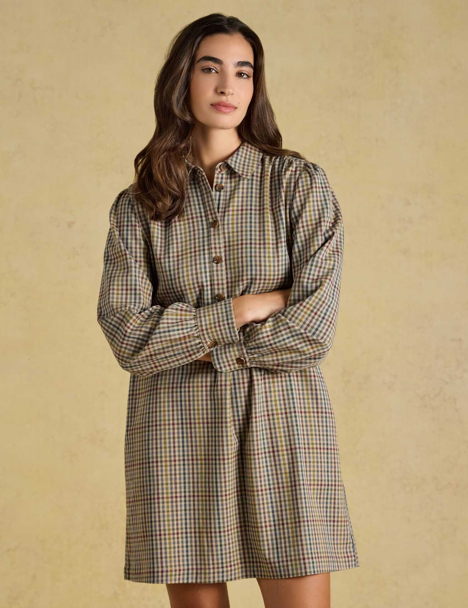 Joules Check Short Shirt Dress Brown Mix