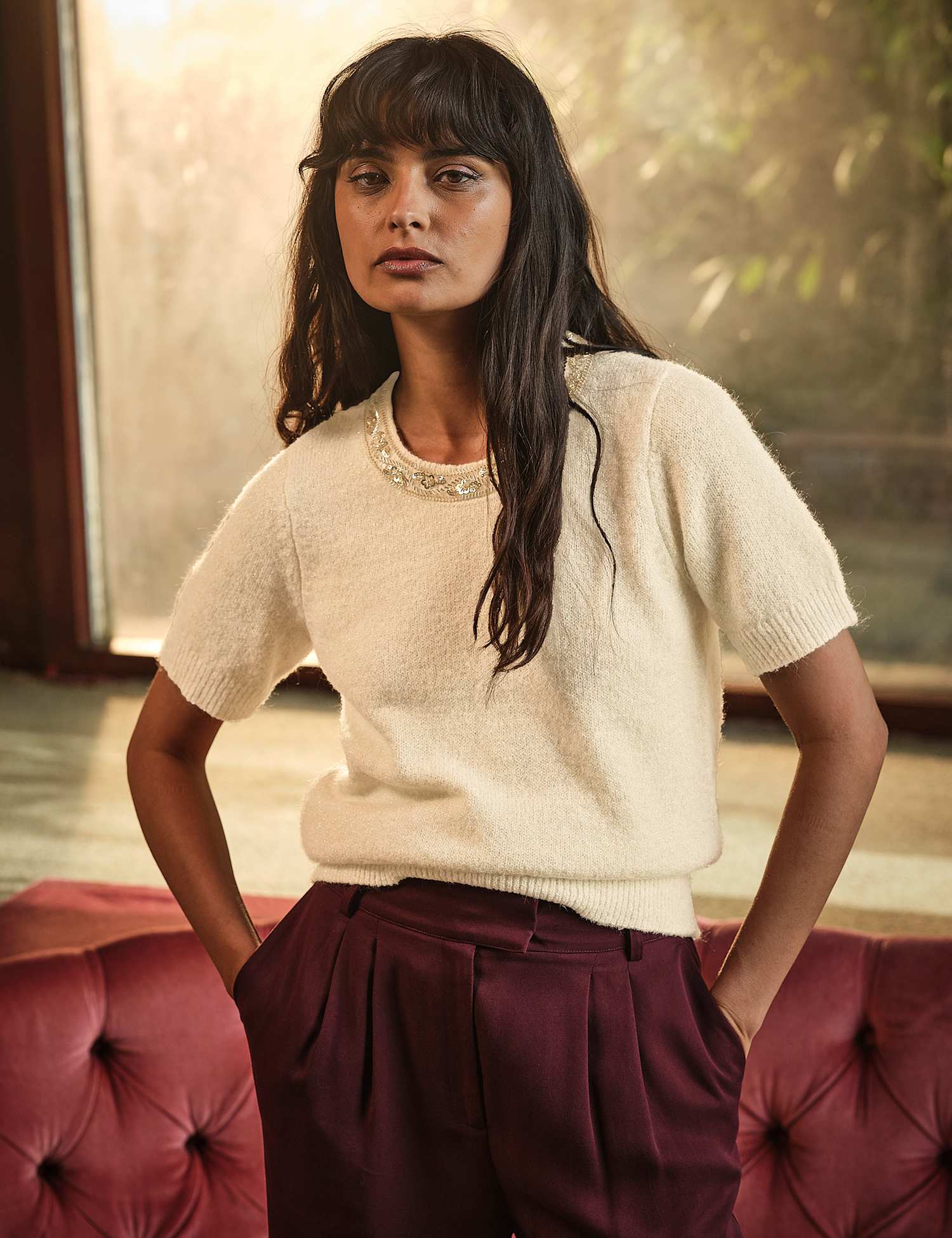 FatFace Embroidered Crew Neck Knitted Top with Wool Ivory