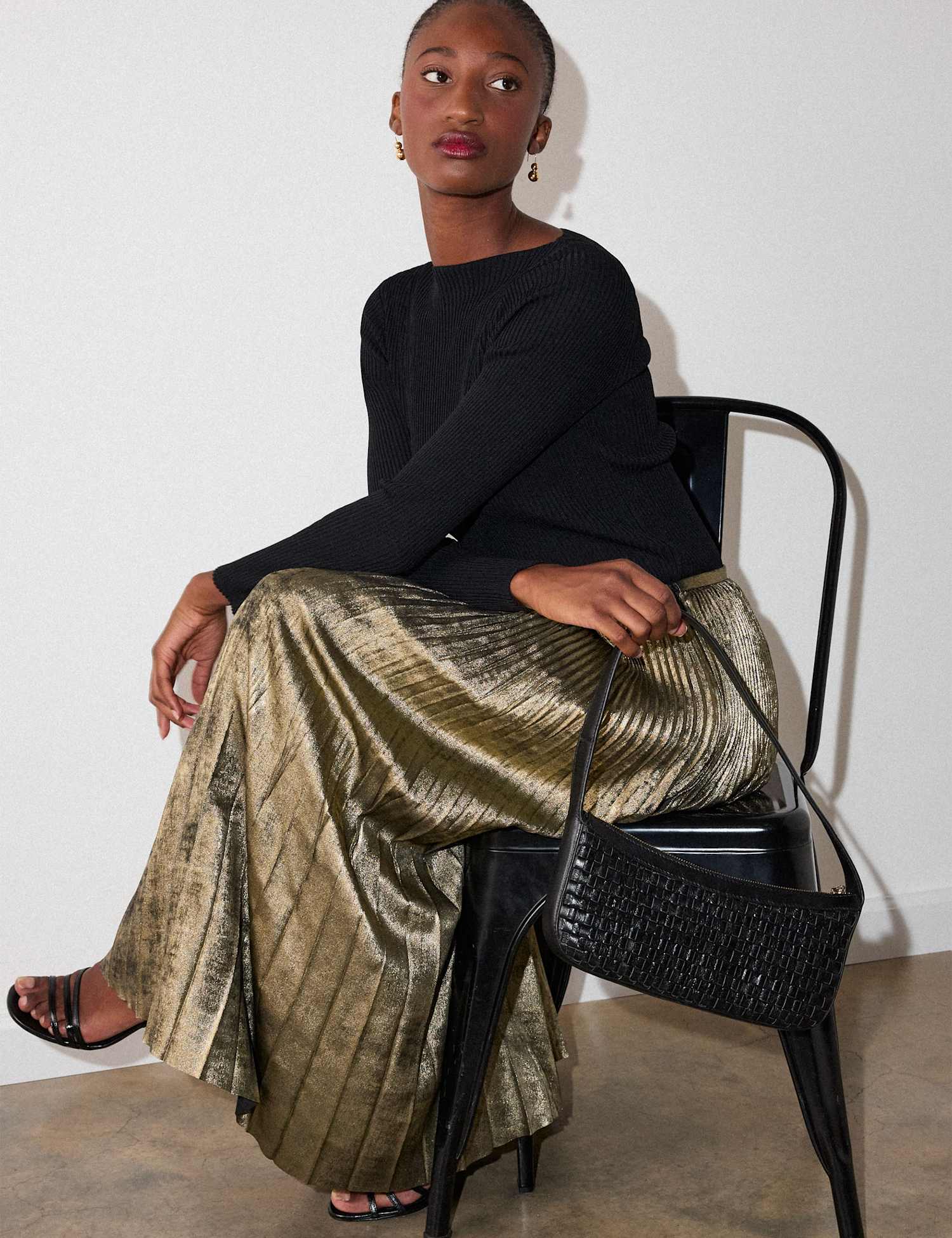 Whistles Metallic Pleated Midi Skirt Gold
