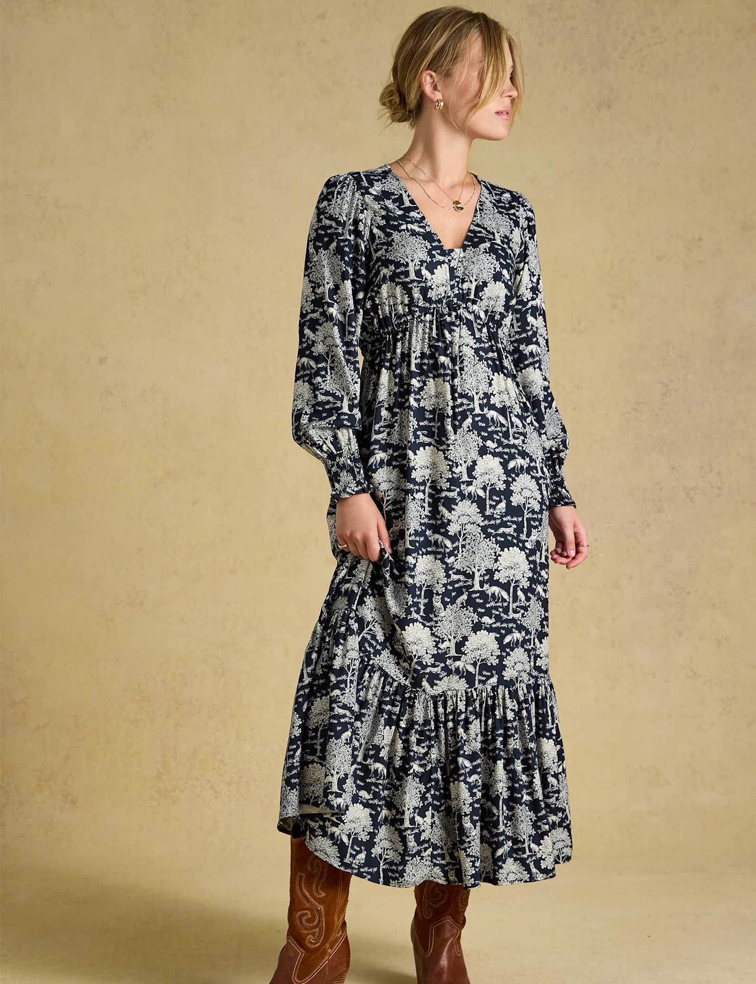 Joules V Neck Long Sleeve Printed Midi Dress Navy Mix