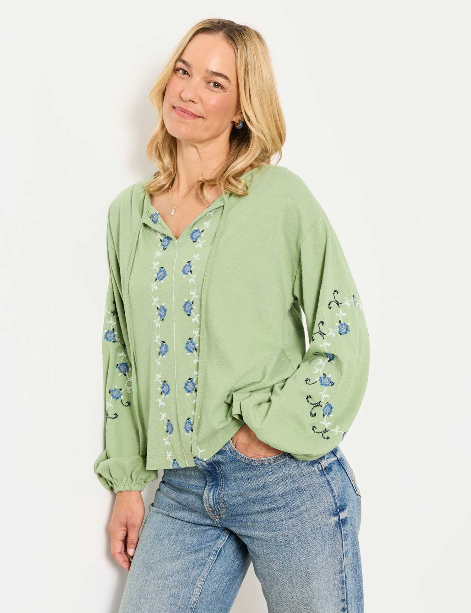 FatFace Pure Cotton Embroidered Tie Neck Blouse Green Mix
