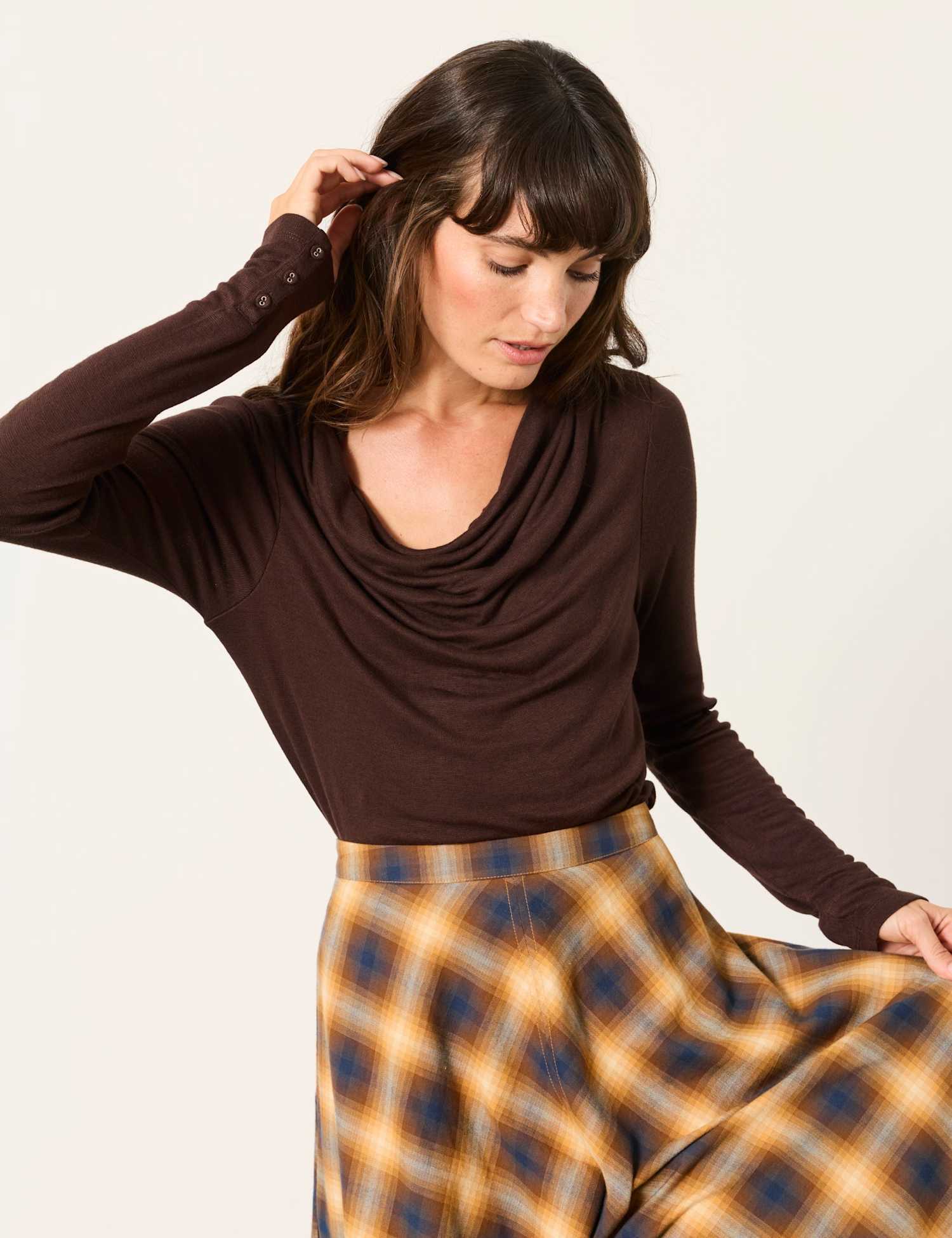 FatFace Cowl Neck Button Detail Top with Wool Chocolate