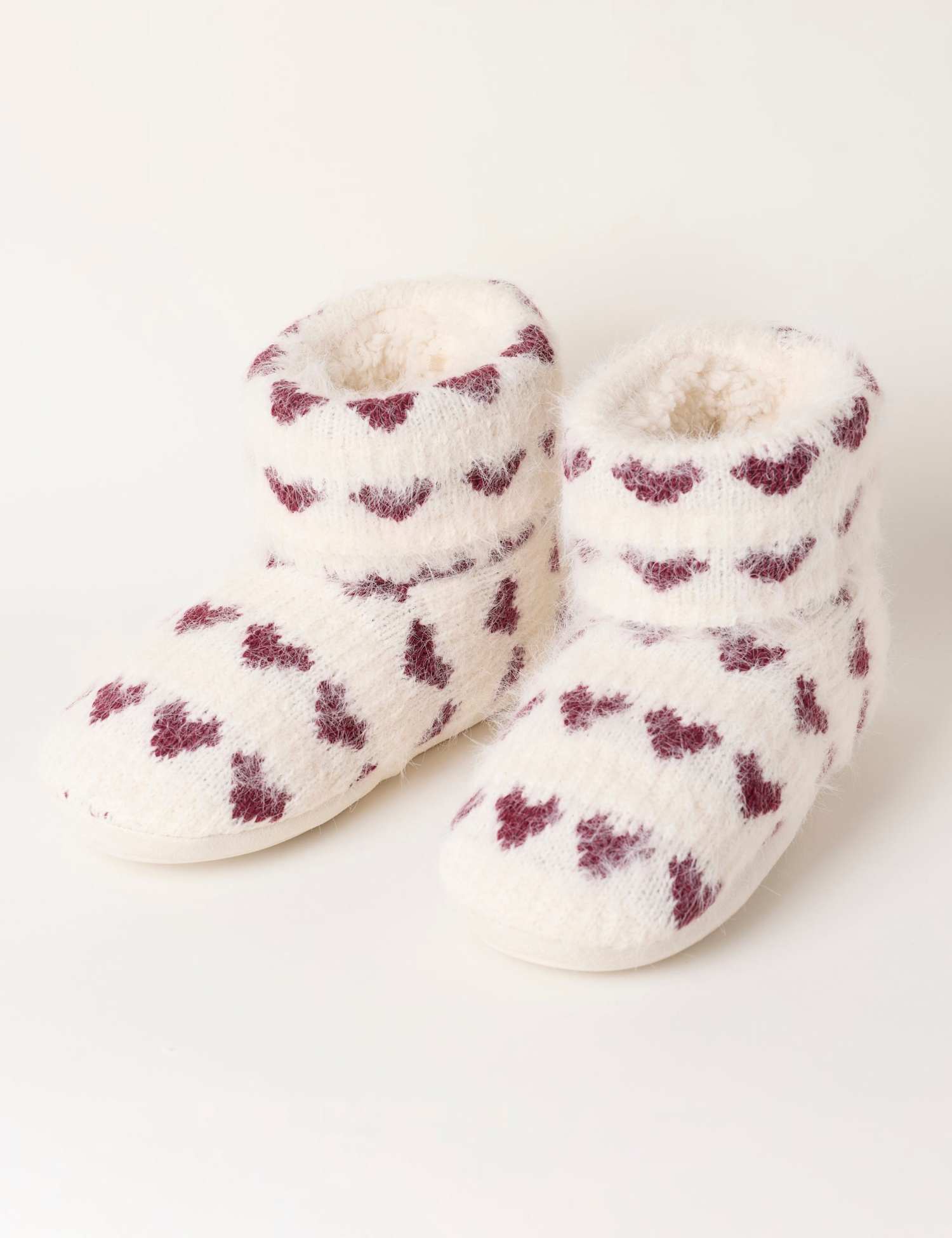FatFace Heart Detail Knitted Slipper Boots Ivory Mix