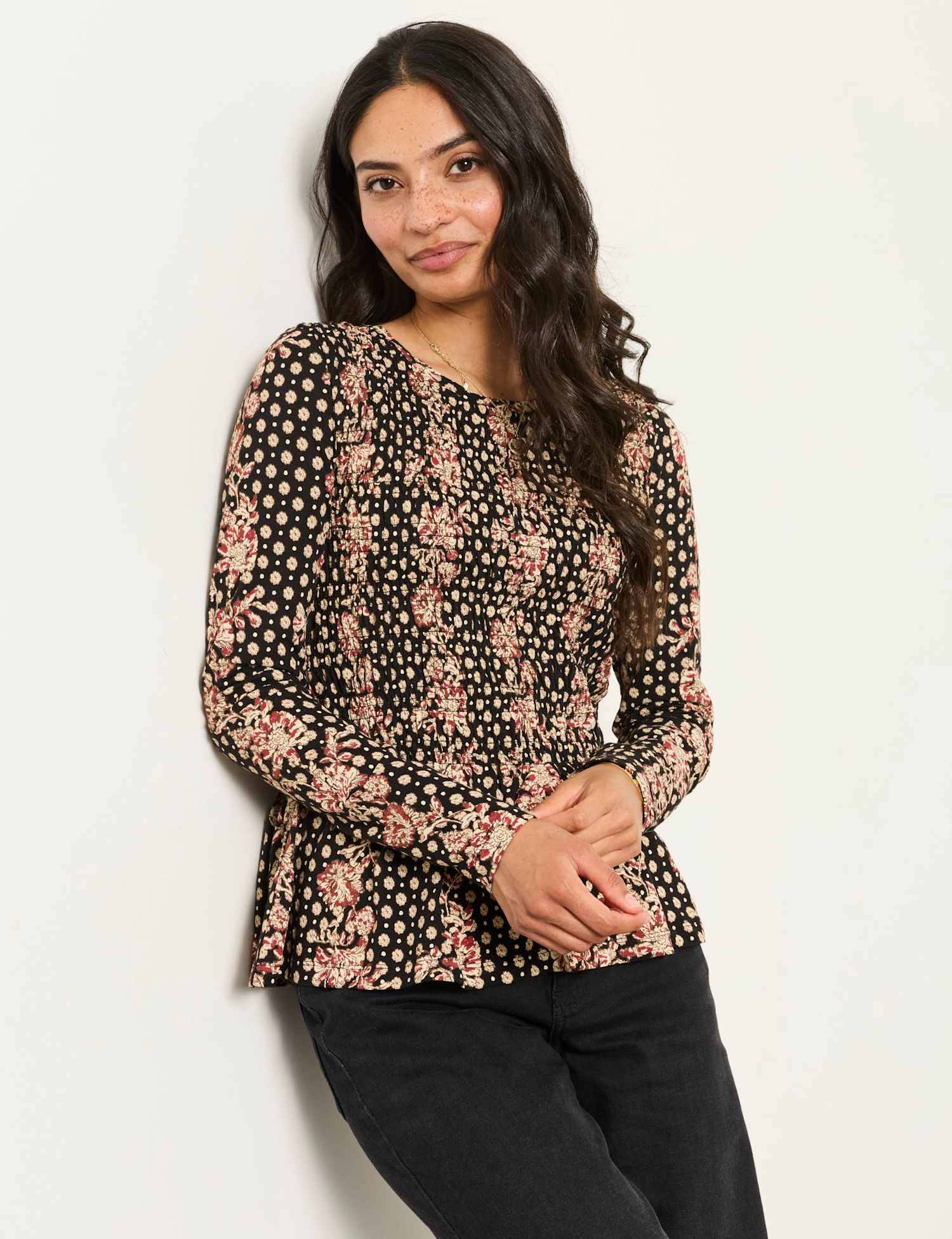 FatFace Cotton Rich Floral Shirred Peplum Top Black Mix