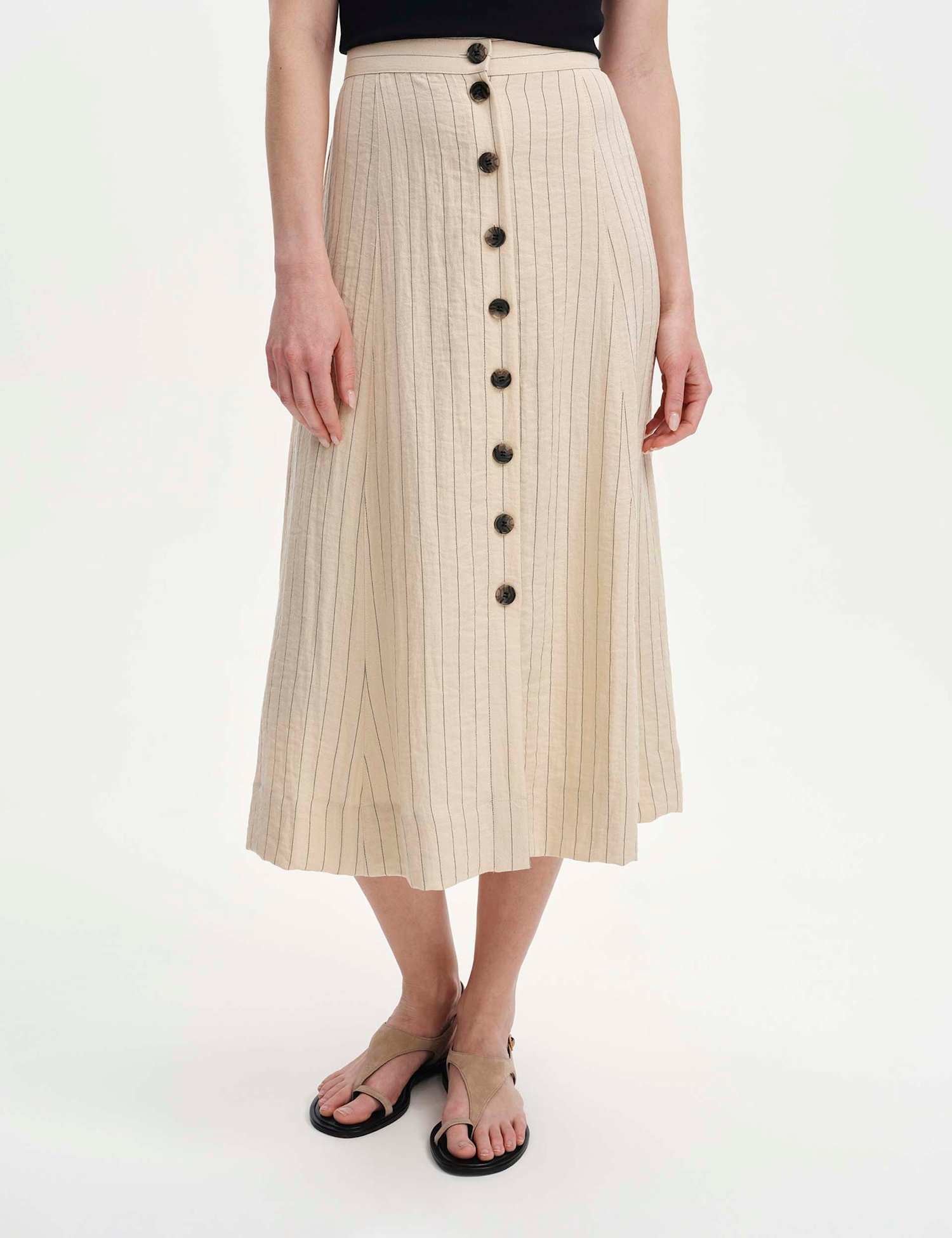 Finery London Striped Button Front Midi A-Line Skirt Beige Mix
